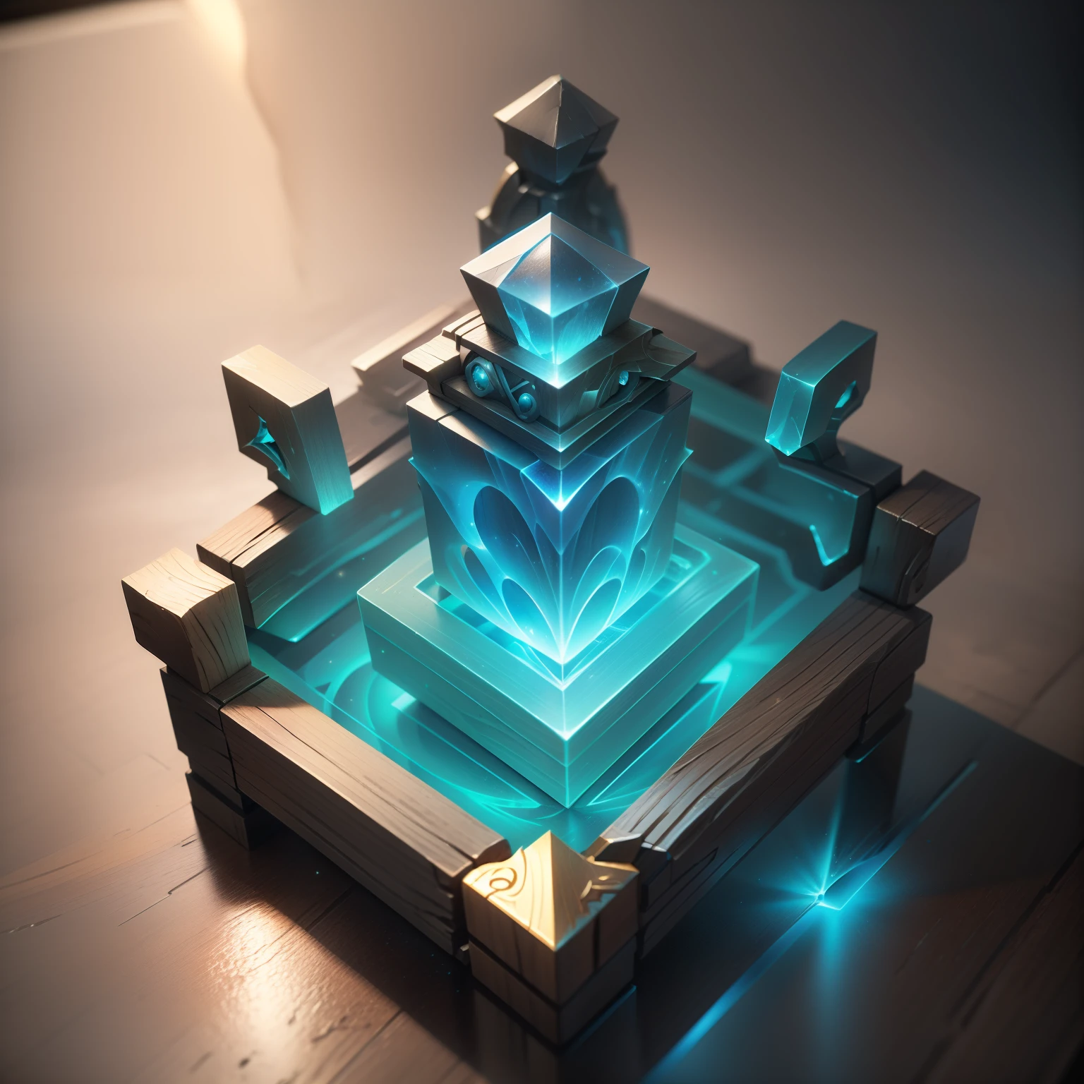 fantasy concept art, Glowing blue dodecahedral mold on wooden table, In the fantasy of comfort (workshop), Tools on the table, art stations, Depth of field, 4K, Masterpiece