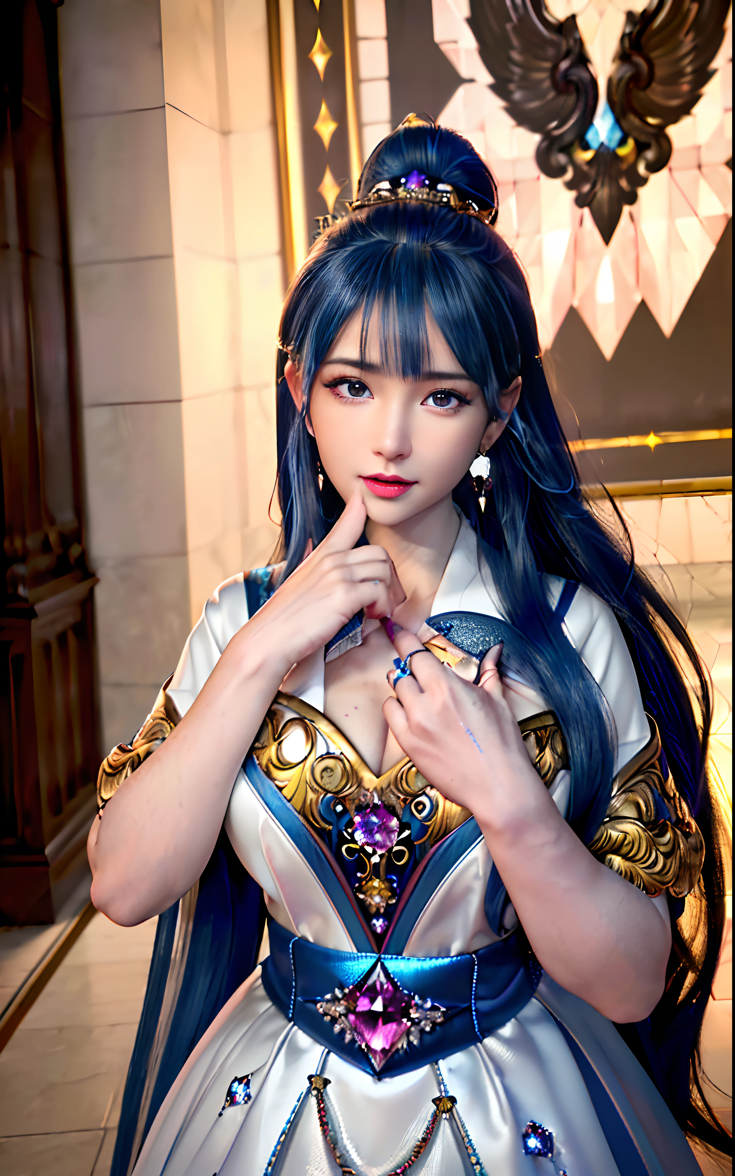 ((realisticity: 1.2)), ((realistic: 8K UHD)), ((best resolution: 8K UHD)), hyper detailed, best quality,masterpiece,highres,cg, ((1 girl hyper detailed and hyper realistic) ) , ((beautiful queen, hyper realistic and hyper detailed)),((white skin, beautiful, smooth, youthful, hyper realistic and hyper detailed )), ((Face hyper beautiful, white, hyper realistic and hyper detailed ) ), long hair, ((hyper realistic and hyper detailed dress)), solo, ((hyper realistic, hyper beautiful, beautiful and hyper detailed jewelry)), ((hyper beautiful deep red and golden yellow dress, hyper realistic and hyper detailed )) , ((Her pretty, hyper realistic, hyper detailed diamond filled earrings)), ((Her gorgeous diamond haircut, hyper realistic and hyper detailed)), ((hyper pretty upper body, hyper beautiful, hyper realistic and hyper detailed) ), ((medium breast: 1.1)), ((hyper realistic, hyper pretty, hyper detailed boobs)), ((the backgroun of the royal palace is hyper majestic, hyper realistic and hyper detailed)),((hands and palms hyper beautiful, hyper detailed, hyper realistic)), ((hyper detailed and hyper realistic fingers and fingernails)), ((hyper pretty fingernails, hyper vivid, hyper detailed, hyper realistic)), ((thumb, index finger, middle finger, ring finger, little finger hyper vivid, hyper pretty, hyper detailed, hyper realistic)),
((hyper beautiful fingers, hyper detailed, and hyper realistic)), ((posture not too fat and not too thin, hyper realistic, hyper detail)), ((hyper pretty, hyper pretty, hyper realistic and hyper detailed hair bun)), ((hyper pretty , hyper realistic and hyper detailed blue hair)), candid, Photo, high resolution, 8k , bokeh,