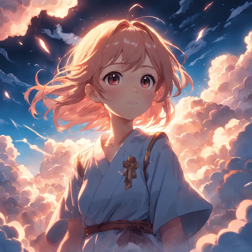 masterpiece, best quality, movie still, 1girl, cloud girl, floating in the sky, close-up, bright, happy, warm soft lighting, sunset, (sparks:0.7)