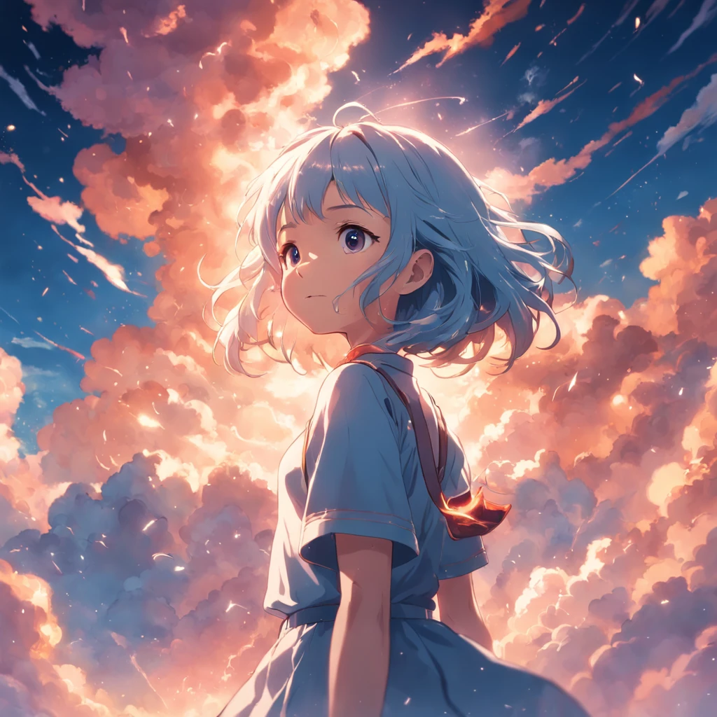 masterpiece, best quality, movie still, 1girl, cloud girl, floating in the sky, close-up, bright, happy, warm soft lighting, sunset, (sparks:0.7)