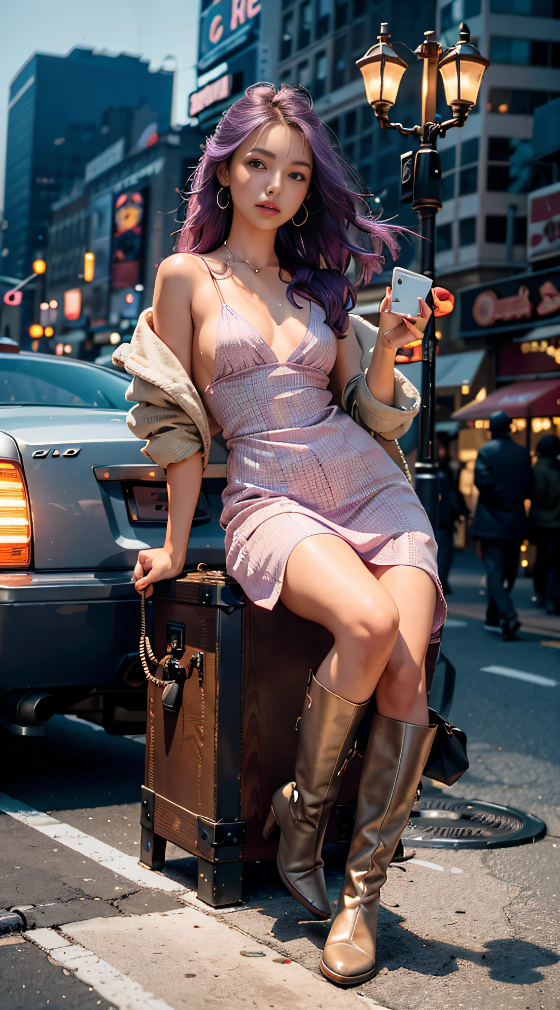 Full vision image of a beautiful woman of natural appearance, use the background of New York City, full moon night, purple hair, natural color eyes, 34d, deep neckline, pure transparent dress, long boots, 30 megapixels, 4k, 85 mm lens, sharp focus, intricately detailed, long exposure time, f/8, ISO 100,  1/125 shutter speed, natural details in image, diffuse-retro lighting, small capture light, low contrast, high sharpness, facial symmetry, depth of field, golden hour, ultra-detailed photography, raytraced, global illumination