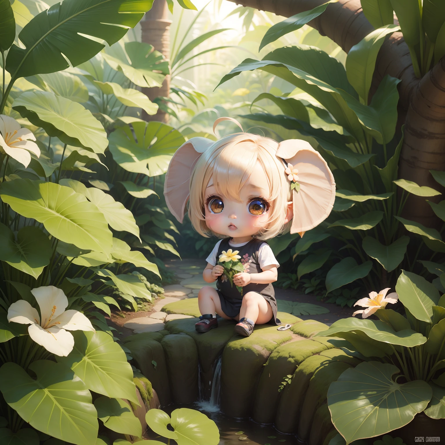 Cute Baby Chibi Anime,Elephant ears,Bob with ash hair,Tropical Flowers,Botanical Garden