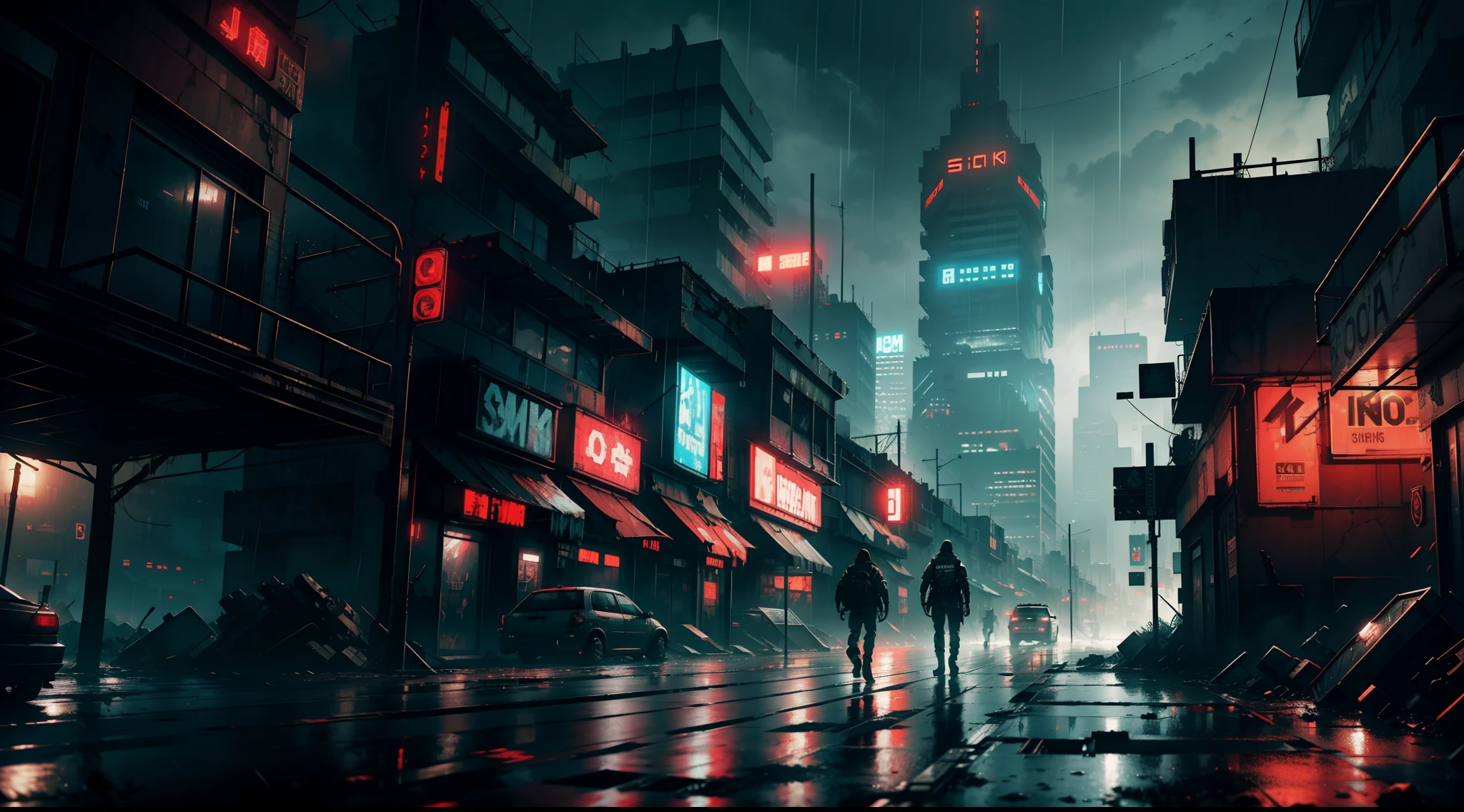 A post apocalyptic cyberpunk city where it is raining. Dark mood. Cinematic. 8k.