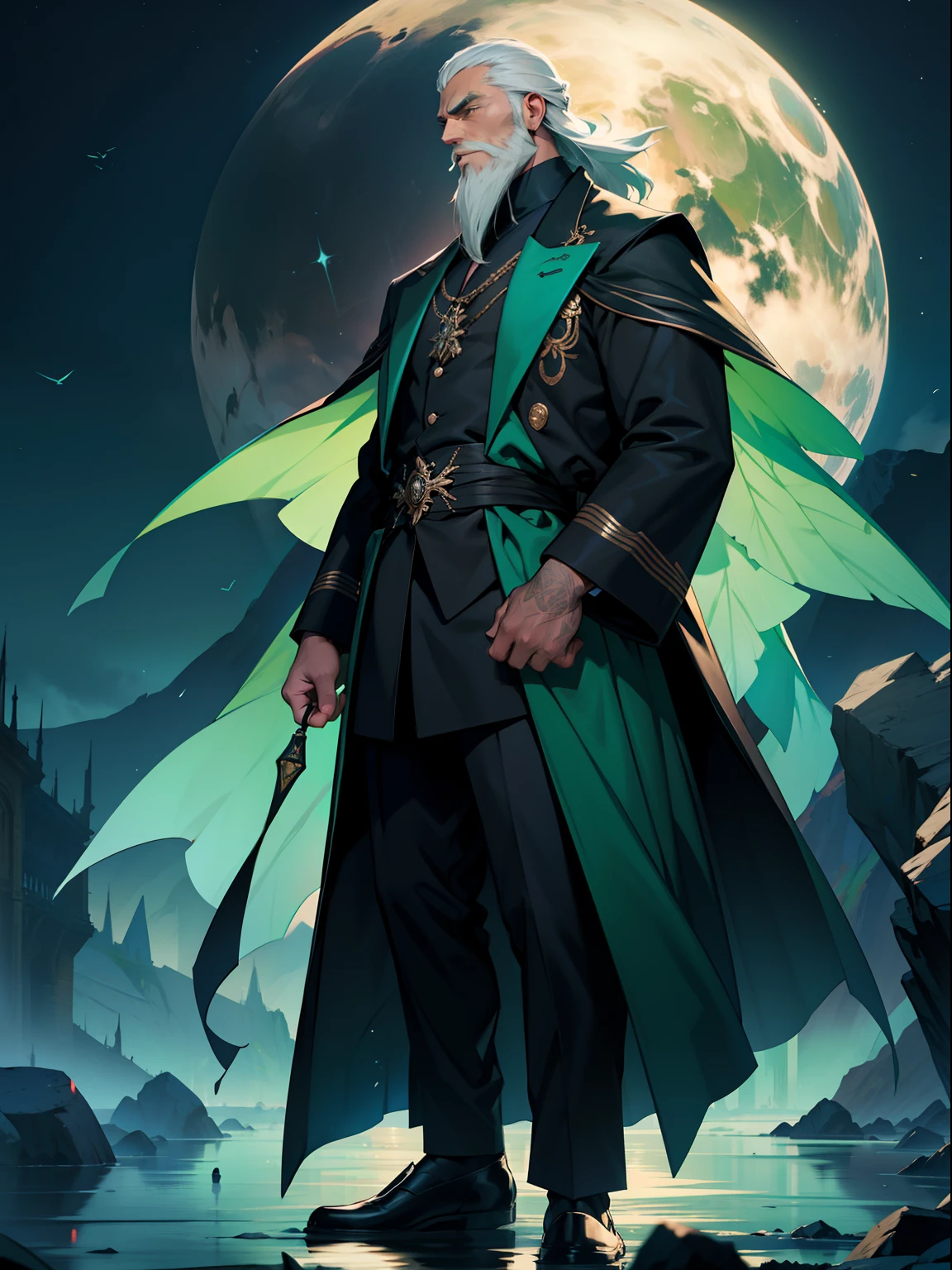 of a guy,sbeard,cabelos preto e longos,Douluo Continent green clothing,the night,standing on your feet,Long coats fluttering
