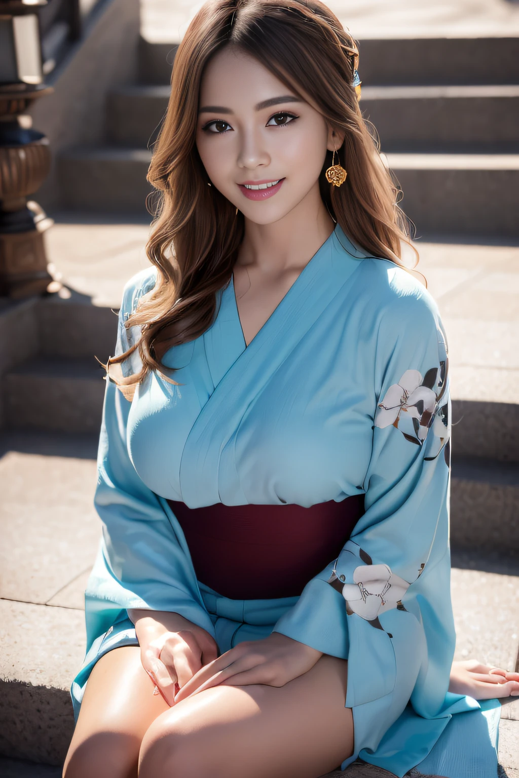(Masterpiece:1.3), high resolution, Ultra detailed, Extremely detailed Cg Unity 8K wallpaper, Realistic, photo-realistic, RAW photo, Beautiful detailed face, Pale skin, realistic glittering skin, Detailed cloth texture, Detailed hair texture, Perfect body, Beautiful face, Accurate, Anatomically correct, Highly detailed face and skin texture, Natural neck length, (Beautiful hands), (Fair skin:1.2), Thin legs, Thin feet, (The teeth are arranged neatly:1.1), Sweaty skin,
Break,
Detailed eyes, symetrical eyes, Light brown eyes, Double eyelids, Thin eyebrows, (Glossy lips:1.4), ((pretty smile:1.2)), (Blush:1.1), (Sparkling little hair ornaments:1.1),
Break,
(An elegant girl:1.3), (Wearing (Dark blue yukata:1.2) There is a white flower pattern),
Break,
Large breasts, Slender figure, Firm Abs,
((updo-hairstyle, dark gold hair, Wavy hair, Long hair, asymmetricalbangs:1.2)), (Close-up Shot Shot:1.2), (Look sideways at the audience:1.1), From next to me,
Break,
((sit on stairs,Gently lift your chin in Odaiba:1.2)), ((Super huge colorful fireworks bloom in the night sky:1.2)),