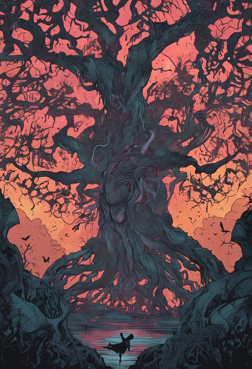 Saint-Germain is in the depths of the Sea of Stars，A huge and eerie cosmic banyan tree grows，Its trunk is riddled with countless human faces，Warp and change in the void。Branches penetrate the universe，Fight against Cthulhu monsters，The roots of the tree are deeply oppressive to the entire universe。Cinematic quality，The beauty of the stills，Mysterious floating，Close up，Dark pathos，The horror is terrifying，Cold spreads throughout the body，The crazy atmosphere is pervasive。