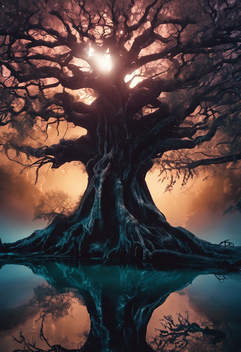 Saint-Germain is in the depths of the Sea of Stars,A huge and eerie cosmic banyan tree grows,Its trunk is riddled with countless human faces,Warp and change in the void。Branches penetrate the universe,Fight against Cthulhu monsters,The roots of the tree are deeply oppressive to the entire universe。Cinematic quality,The beauty of the stills,Mysterious floating,Close up,Dark pathos,The horror is terrifying,Cold spreads throughout the body,The crazy atmosphere is pervasive。