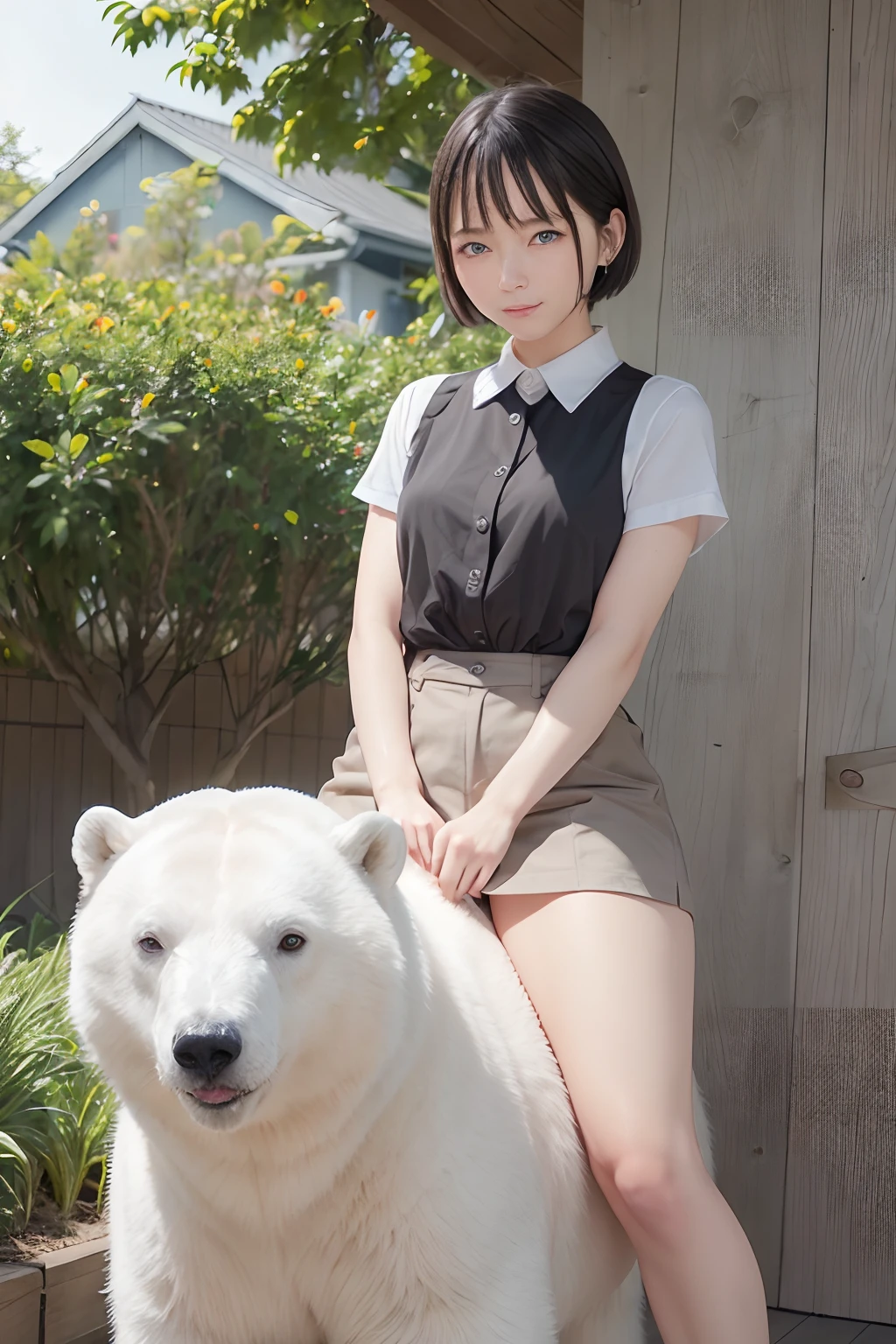 (Best Quality, Masterpiece: 1.1), (Realistic: 1.4), Beautiful girl is riding on the polar bear, god ray ,teen, silver short hair, blue eyes, Going to school