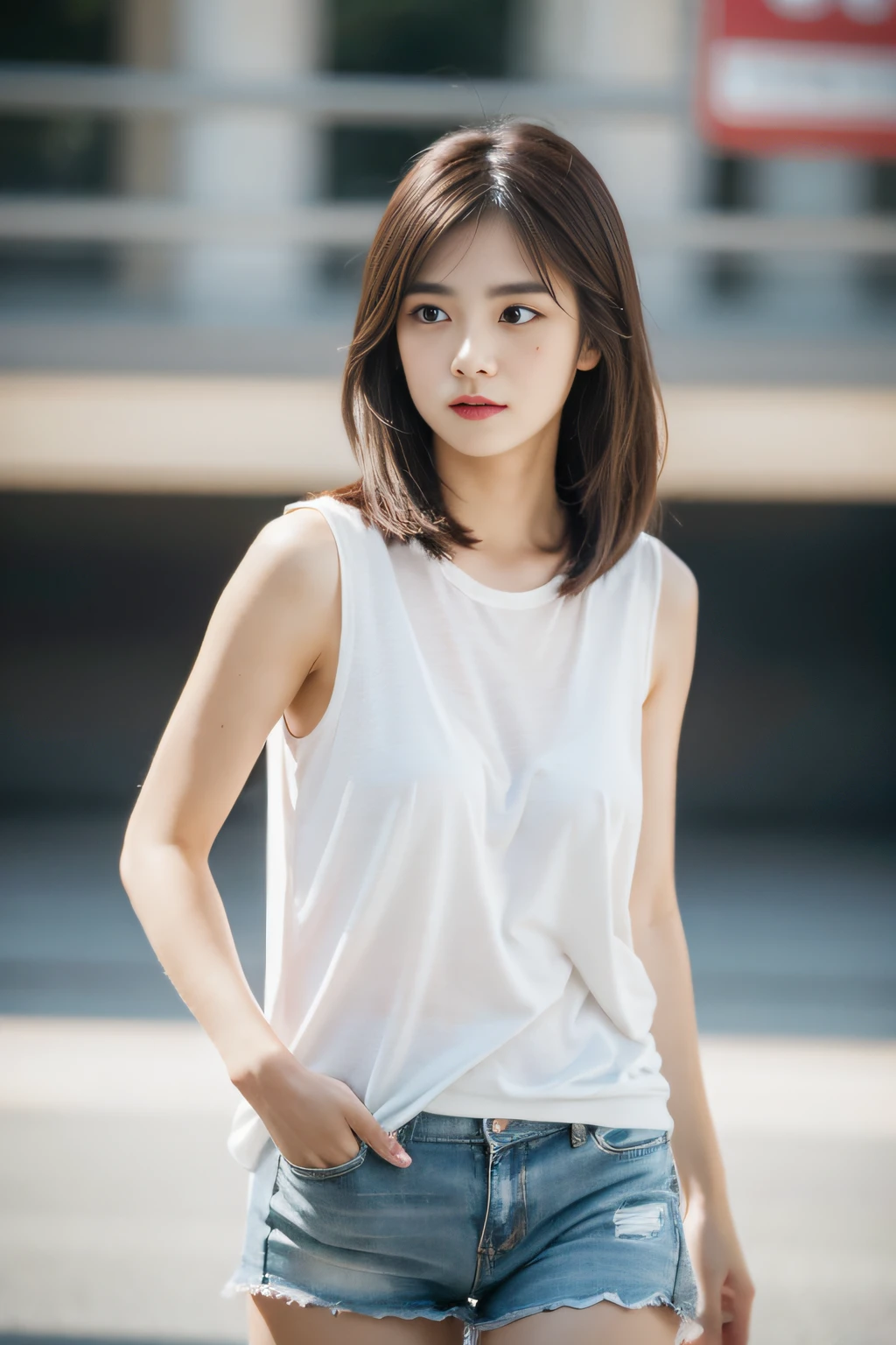 best qualtiy, realisticlying, 8K, high resolucion;, 1girll, girls, rich, (cityscapebackground:1.6)), ((Small Round,miniskirt, Sleeveless white t-shirt:1.98)), A head that looks straight at the viewer:1.8, (A girl looks at the audience with her eyes, middle length hair, ligh brown hair, partedbangs:1.65), realisticlying, (With mouth closed:1.46), rich,s whole body, Gravure