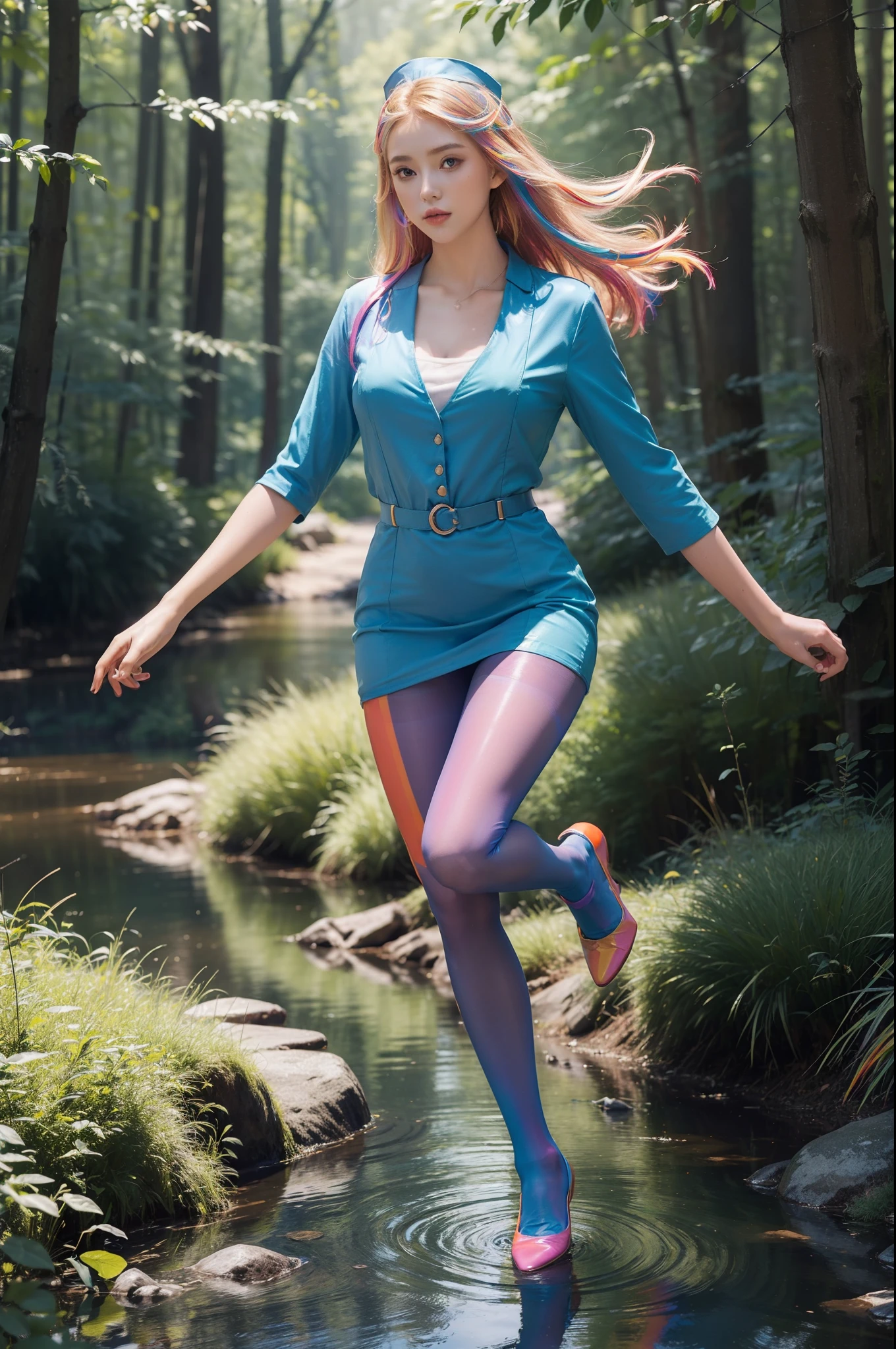 (full body:2),(1girl:1.3),(view the viewer:1.4),(anatomy correct:1.4),(((colorful pantyhose)):1.3), (pointed thick heels :1.3),,((Dancing By the creek in the forest):1.2),((Medieval female nurse's knee-length dress suit):1.3),(Extra Long blonde Hair:1.2),(Accurate and perfect face:1.3),(Long legs and big feet:1.3),((Polished clothing):1.2),((Skin reflection , Skin Gloss):1.2),((((( colorful)))):1.5),hyper HD, Ray traching, reflective light, structurally correct, Award-Awarded, high detail, lighten shade contrast, Face lighting ,cinematic lighting, masterpiece, super detailing, high quality, high detail, best quality, 16k,High contrast,