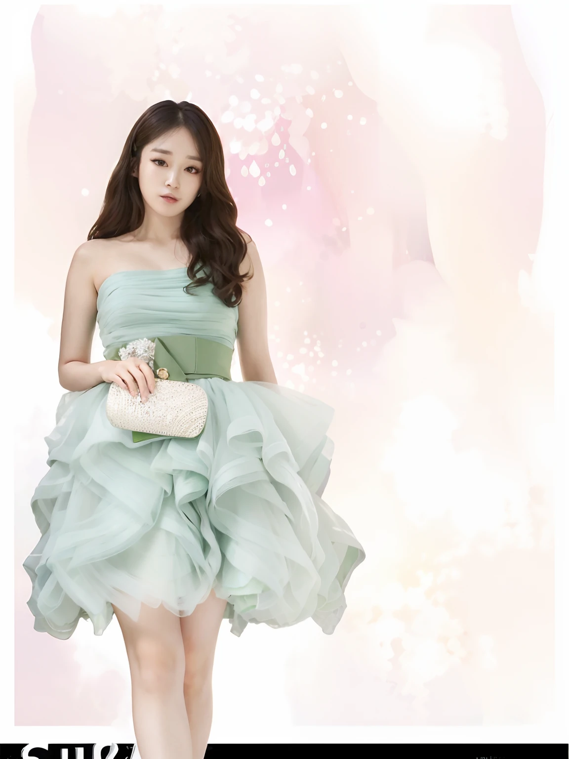 Image of a woman in a green dress and purse, tiffany style, cute korean actress, tiffany, In pastel colors, wallpaper - 1 0 2 4, korean women's fashion model, wearing organza gown, jia, bae suzy, cute elegant pose, hwang se - on, Cute:2, female actress from korea