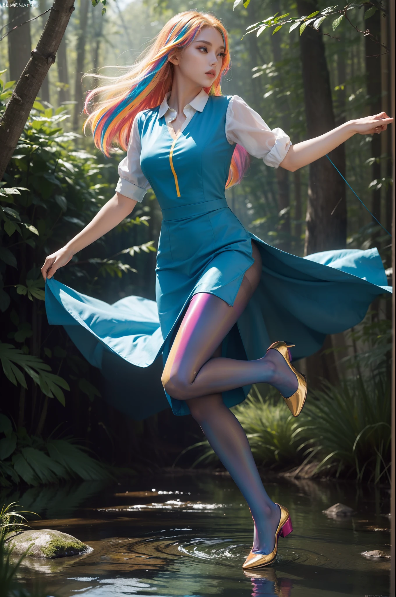 (full body:2),(1girl:1.3),(view the viewer:1.4),(anatomy correct:1.4),(((colorful pantyhose)):1.3), (pointed thick heels :1.3),,((Dancing By the creek in the forest):1.2),((Medieval female nurse's knee-length dress suit):1.3),(Extra Long blonde Hair:1.2),(Accurate and perfect face:1.3),(Long legs and big feet:1.3),((Polished clothing):1.2),((Skin reflection , Skin Gloss):1.2),((((( colorful)))):1.5),hyper HD, Ray traching, reflective light, structurally correct, Award-Awarded, high detail, lighten shade contrast, Face lighting ,cinematic lighting, masterpiece, super detailing, high quality, high detail, best quality, 16k,High contrast,