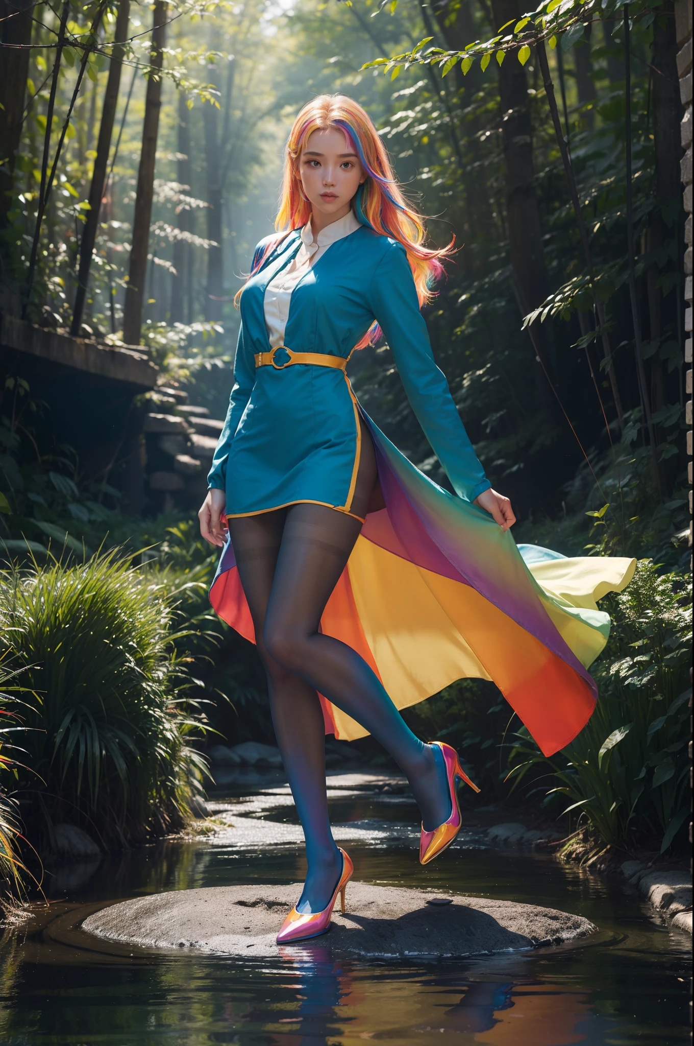 (full body:2)，(1girl:1.3),(view the viewer:1.4)，(anatomy correct:1.4),(((colorful pantyhose)):1.3), (pointed thick heels :1.3),,((Dancing By the creek in the forest):1.2),((Medieval female nurse's knee-length dress suit):1.3),(Extra Long blonde Hair:1.2),(Accurate and perfect face:1.3),(Long legs and big feet:1.3),((Polished clothing):1.2),((Skin reflection , Skin Gloss):1.2)，((((( colorful)))):1.5)，hyper HD, Ray traching, reflective light， structurally correct, Award-Awarded, high detail, lighten shade contrast, Face lighting ，cinematic lighting, masterpiece, super detailing, high quality, high detail, best quality, 16k，High contrast,