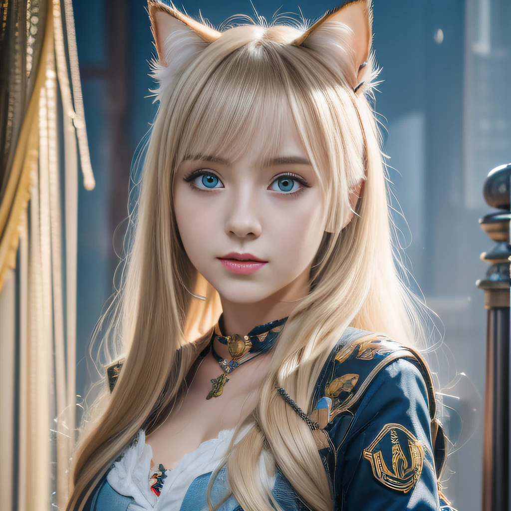 Ukrainian girl , Ukrainian anime girl ,ukranian , The whole body consists of a young girl with messy light blonde hair, Eye makeup, 11yo, Cat ears, Soft lighting, Solo, Wear shabby clothes, Dirty, Tattered futuristic military uniform, Cat's paw badge, Pose, spot color, rendering by octane, Ultra-realistic intricate details, Cinematic, 8K resolution, 70mm, emphasis lighting, Global illumination, Full body portrait, clean detailed faces, Complex clothing, Cute face, Flat chest, Slim waist, Slim legs, Small hips