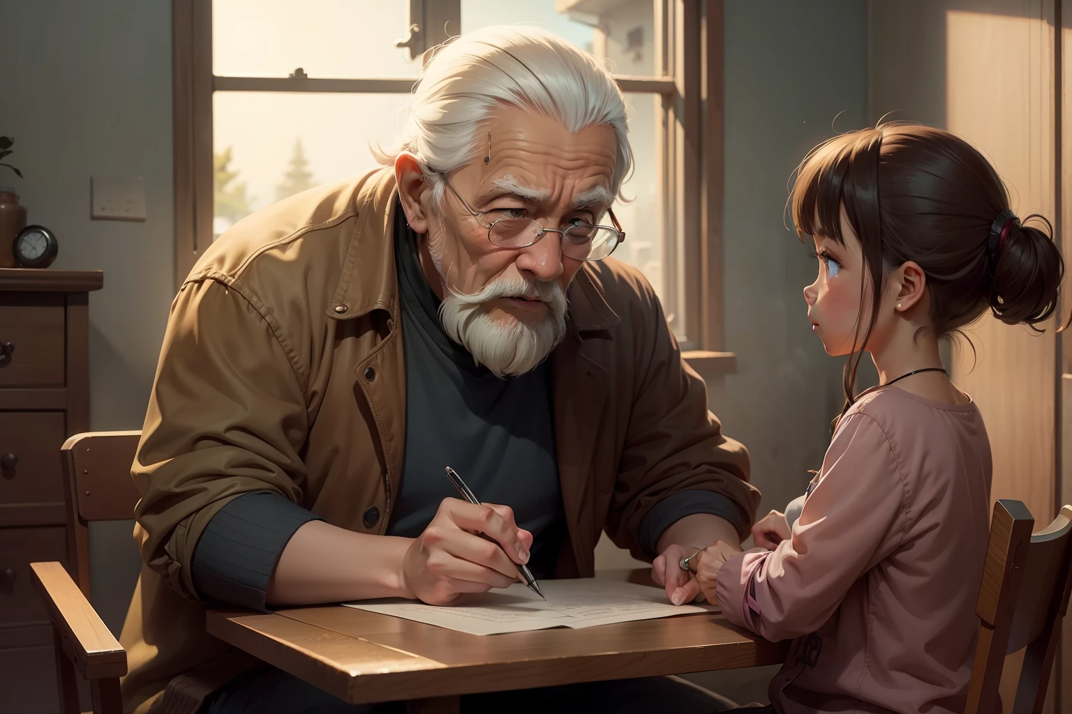 /8magine Distressed, Maya(a girl)sought the old man's advice, cartoon style,,