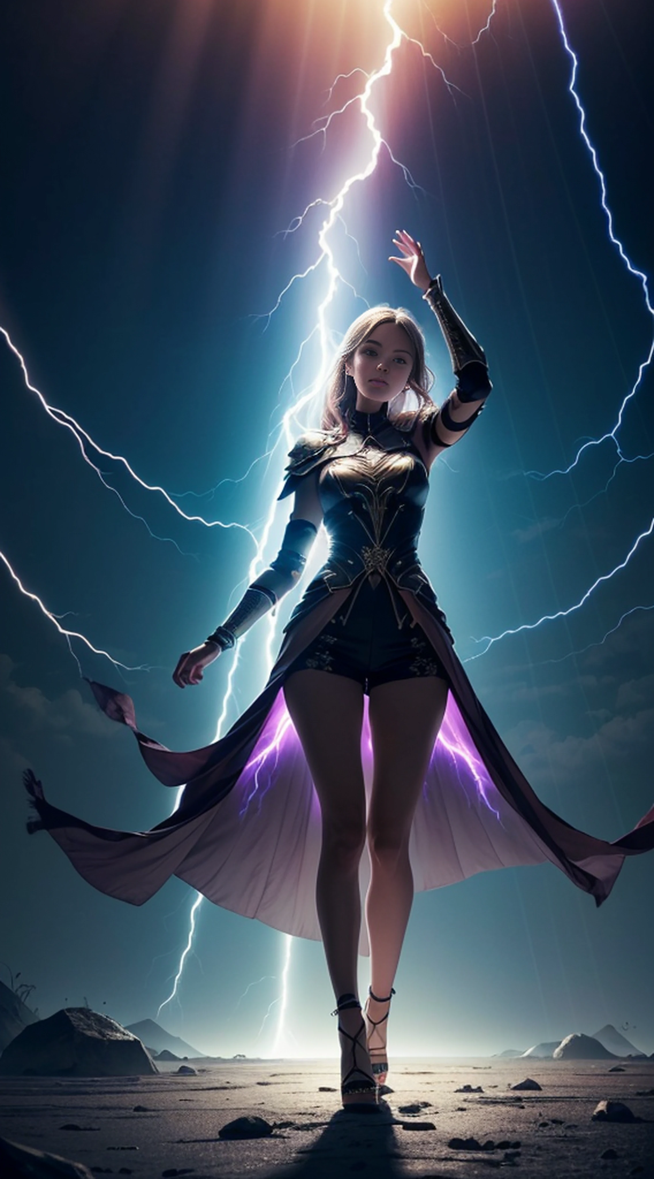 SOLO, Red striped green full body armor, Double lift master, Look up at the sky, The white-haired girl spread her arms to the left and right, Bright lights, ((Suspended colorless crystal)), ((Hand dragging purple lightning)), neon-light-effect, Wear beautiful high heels, red capelet, Take a full-body photo, Huge moon background, Lightning in hand, full body, ((ultra-detailed)), (detailed light), ((Expressionless)), ((an extremely delicate and beautiful)), (((Many lightning bolts are connected together))), perfect eyes, Perfect iris, 64K, Huge moon background, (god rays:1.5), (illustration), atmospheric perspective, foreshortening, glowing light, Cinematic lighting, from side, Perspective, (((best quality))), (((masterpiece)))