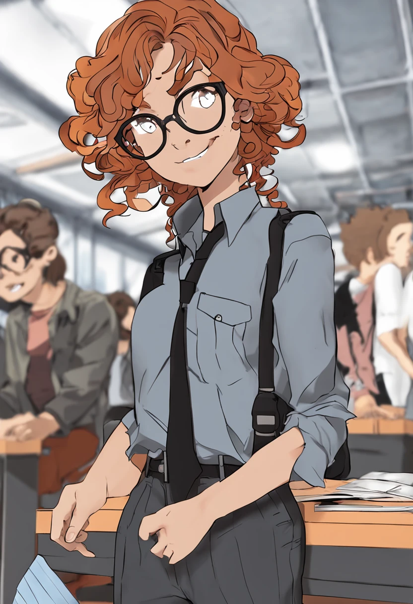 There's a woman with orange curly hair, wearing big glasses, posing at school in a gray button-down shirt and black pants, em uma escola, anime hiper realista, Surrealismo alunas, Arte em estilo Guviz, Guviz, Imagem ultrarrealista, Menina anime na vida real, olhos pretos