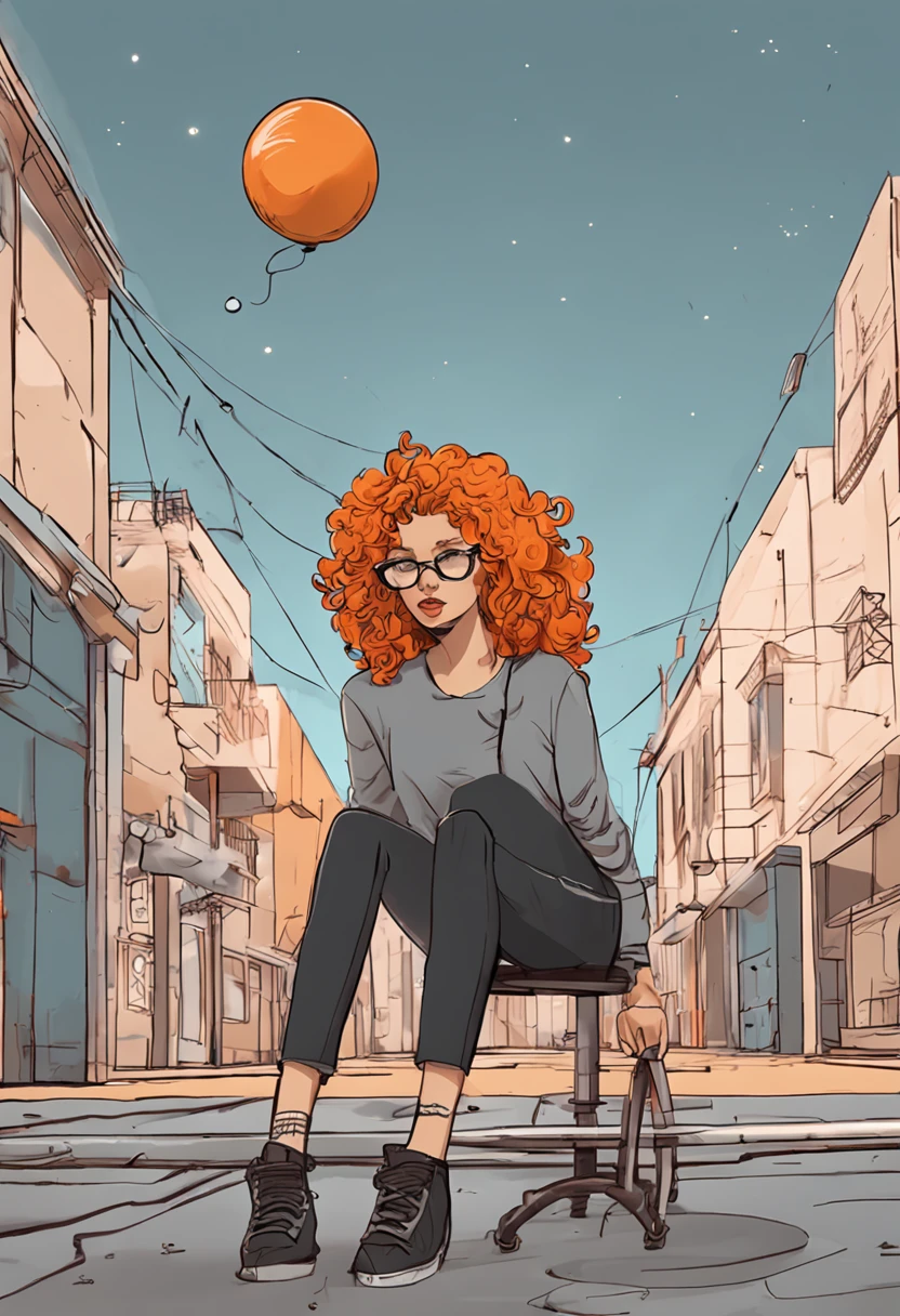 There's a woman with orange curly hair, wearing big glasses, posing at school in a gray button-down shirt and black pants, em uma escola, anime hiper realista, Surrealismo alunas, Arte em estilo Guviz, Guviz, Imagem ultrarrealista, Menina anime na vida real, olhos pretos