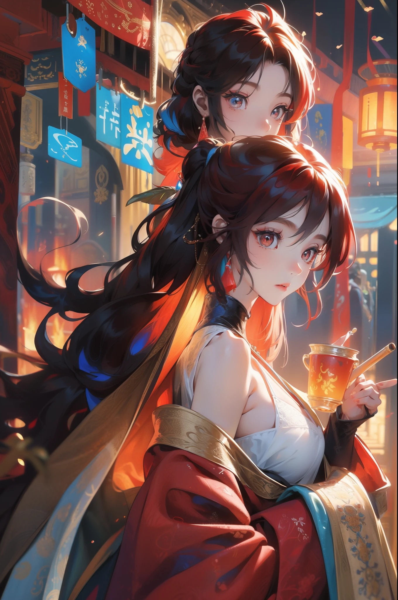 realisticlying、Masterpiece quality、best qualtiy、offcial art、Beauty and aesthetics:1.2、Very detailed fractal art、Colorful abstract background、Kizi、Kamimei、The color hair、long whitr hair、luminous red eyes、Mysterious magic、Girl of Ice and Fire,Red and blue color scheme,cinematric light(((Thoracic beak)))(NSFW)((Super large chest))