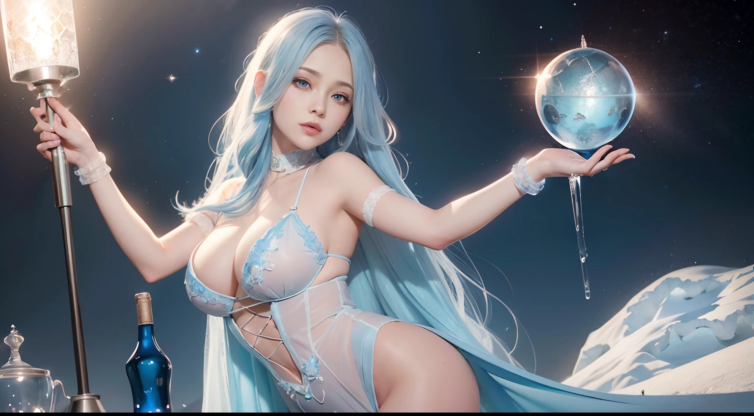 Beautiful female ice mage,posed for photo,Sky blue and gray curls,eBlue eyes,Sheer tulle dress,The expression is cold,Bokeh background, ice mountain,Fantasyart,detail-rich,电影灯光,real photograph,SLR camera,(Very detailed, reasonable design, Clear lines, High sharpness,Best quality, Masterpiece, 4K:1.2 )
