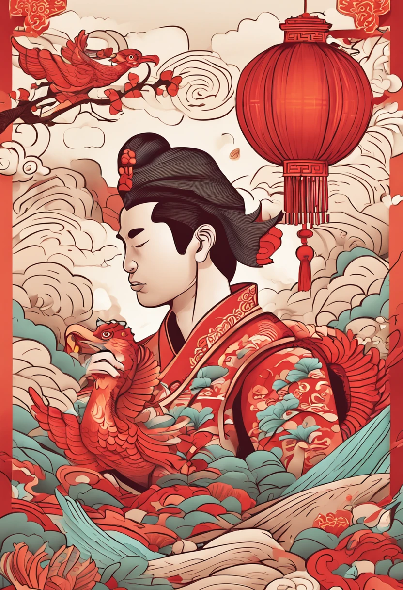Paper art style, Chinese boy with two phoenixes
