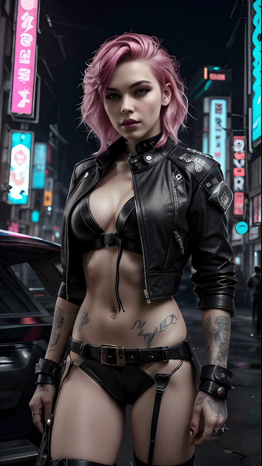 Beautiful woman, vigilante, dyed pink hair, sexy leather clothes, long breasts, cyberpunk style, realistic detailed, close, portrait, bad ass, punk rock, rebel, sexy, full body shot