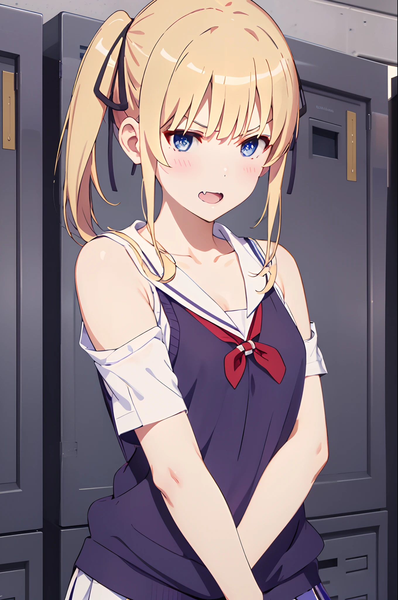 ph_eriri, sawamura spencer eriri, 1girl, blonde hair, blue eyes, school uniform, twintails, solo, fang, long hair, open mouth, hair ribbon, locker, anime coloring, parody, serafuku, blush, upper body, bangs, sweater vest, black ribbon, masterpiece, best quality, highres, 1girl, solo, fang, skin fang, short hair, (mole on thigh:0.8), bangs, hair behind ear, purple eyes, hair ornament, open mouth, beach, smile, squatting, small chest, short height, little girl, flat chest, small, cleavage, ((bare shoulder)), exposed, loose shirt, navel, presenting armpit