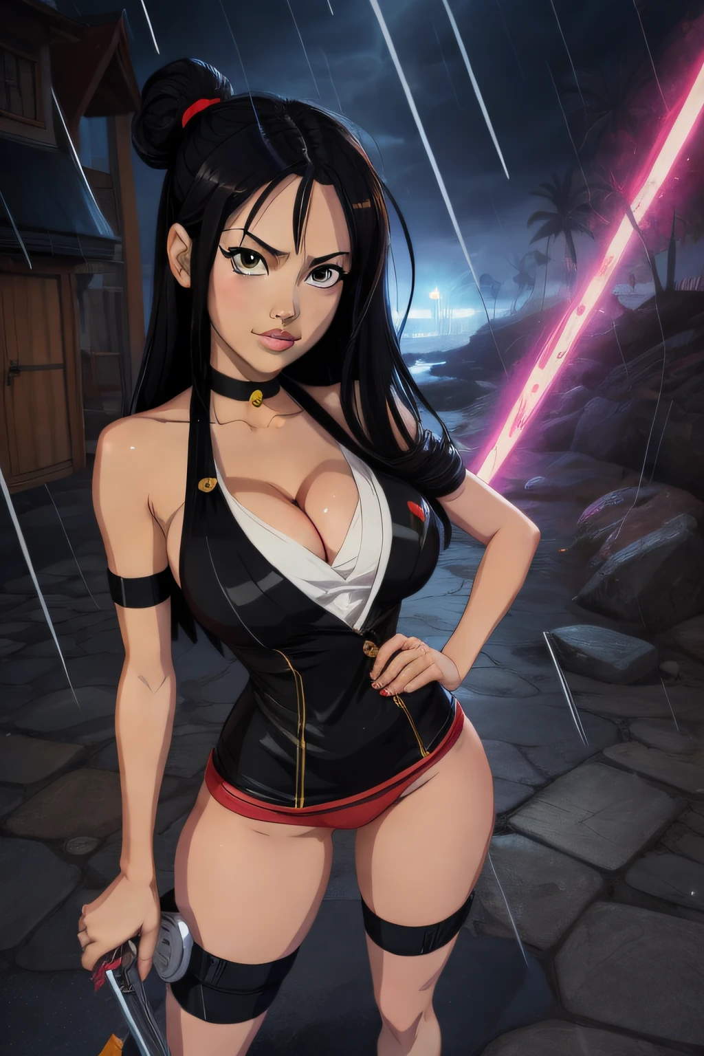 anime girl with black hair and a red shirt and black shorts, anime girl named lucy, nico robin, anime style”, fan art, from one piece, rain!!!!, wallpaper!, nami, female anime character, badass pose, sky!, erza scarlet as a real person, hana yata, !!full body portrait!!, full_body!!, epic anime style, big breast, cleavage