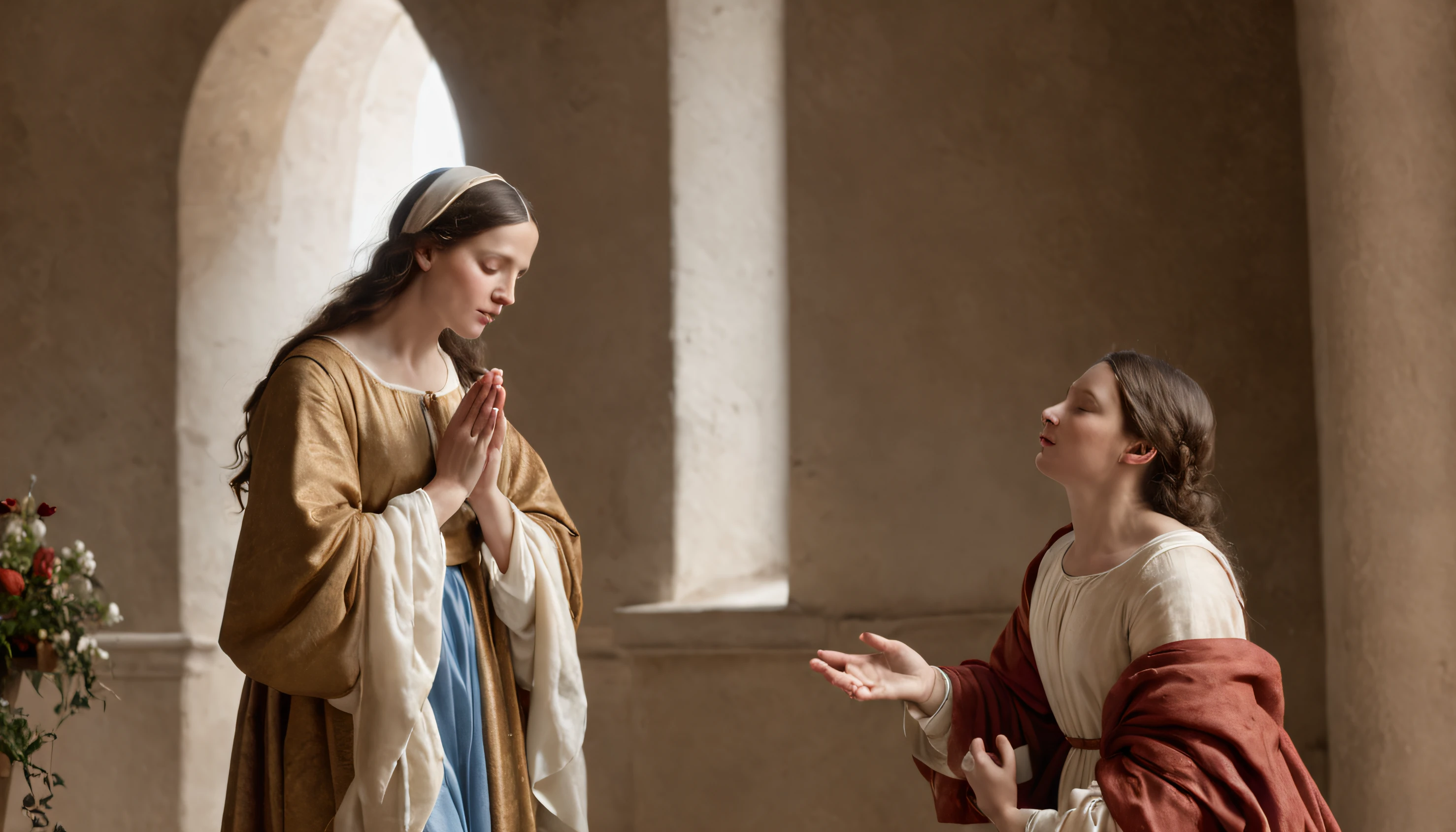color photo of "The Annunciation" in the style of Bartolomé Esteban Murillo —c 10 —ar 2:3
A captivating painting inspired by Bartolomé Esteban Murillo's "The Annunciation" (1660), depicting the profound moment of the Annunciation. The scene is filled with a sense of divine presence and emotional connection between a extremely delicated beautiful of virgin Mary and the Angel Gabriel.
The colors are soft and delicate, with a gentle palette of pastel hues that create a serene and ethereal atmosphere. The brushstrokes are precise and refined, capturing the intricate details of Mary's expression and the angelic grace of Gabriel.
Mary is depicted with a mixture of surprise, humility, and reverence as she receives the angel's message. Her eyes reflect a deep inner contemplation, while her hands clasp together in prayerful anticipation. Gabriel, with wings unfurled, exudes a sense of celestial radiance and joy as he delivers the news.
The composition is balanced, with Mary and Gabriel at the center, surrounded by symbolic elements such as lilies and a ray of heavenly light. The focus is on their emotional connection and the spiritual significance of this divine encounter.
Photographed with great attention to capturing the delicate nuances of Murillo's style, emphasizing the softness of the colors and the intricate brushwork. The lens choice enhances the depth and richness of the painting, ensuring that every detail is faithfully reproduced.
Directors: Pedro Almodóvar, Guillermo del Toro
Cinematographers: Rodrigo Prieto, Emmanuel Lubezki
Photographers: Annie Leibovitz, Mario Testino
Fashion Designers: Valentino, Elie Saab
