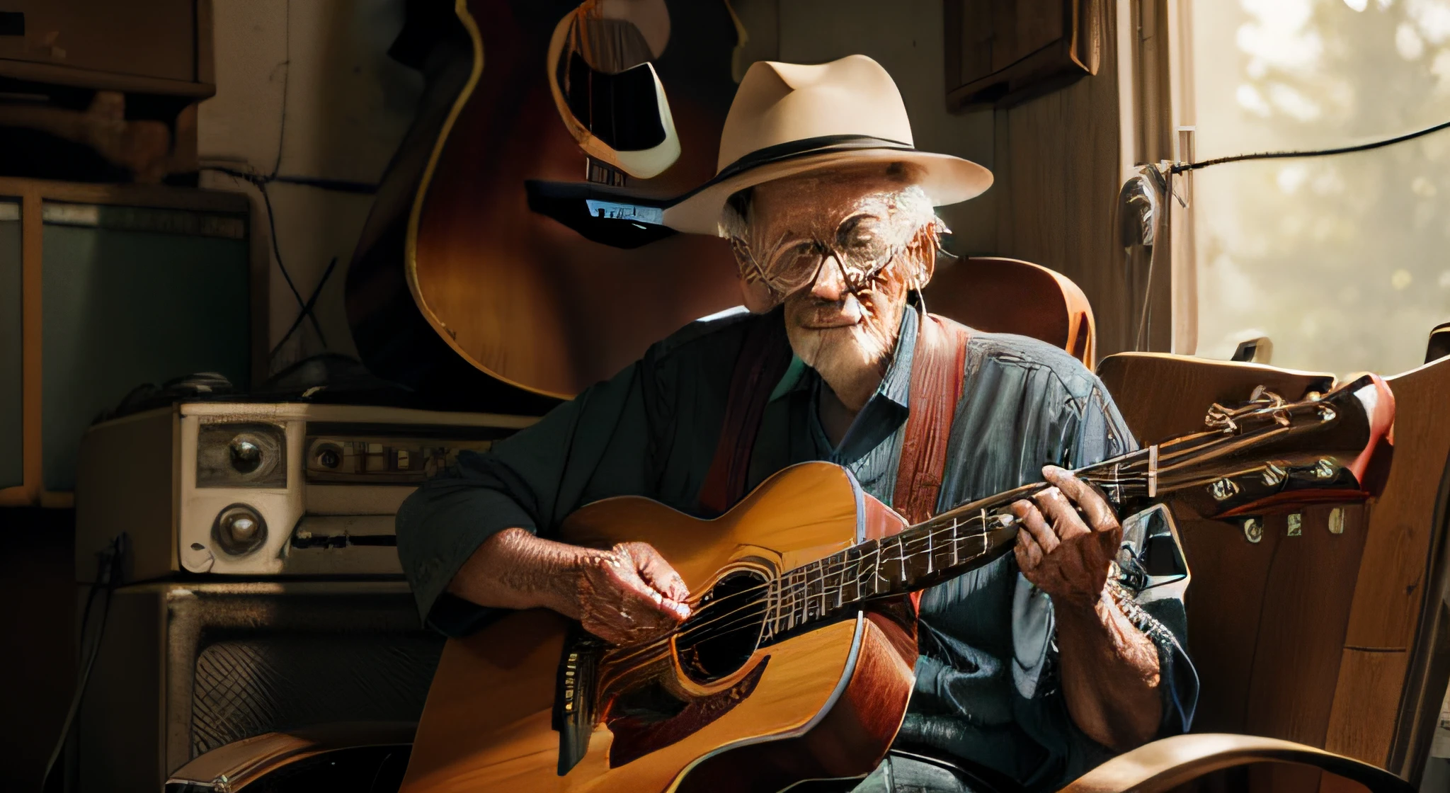 extremamente detalhado, qualidade baixa, estilo vintage, Old music studio environment, caixas de som antigas, fundo de um ambiente, dos anos 80, An elderly man holding a guitar leaning against an old car, soft lighting on the set.