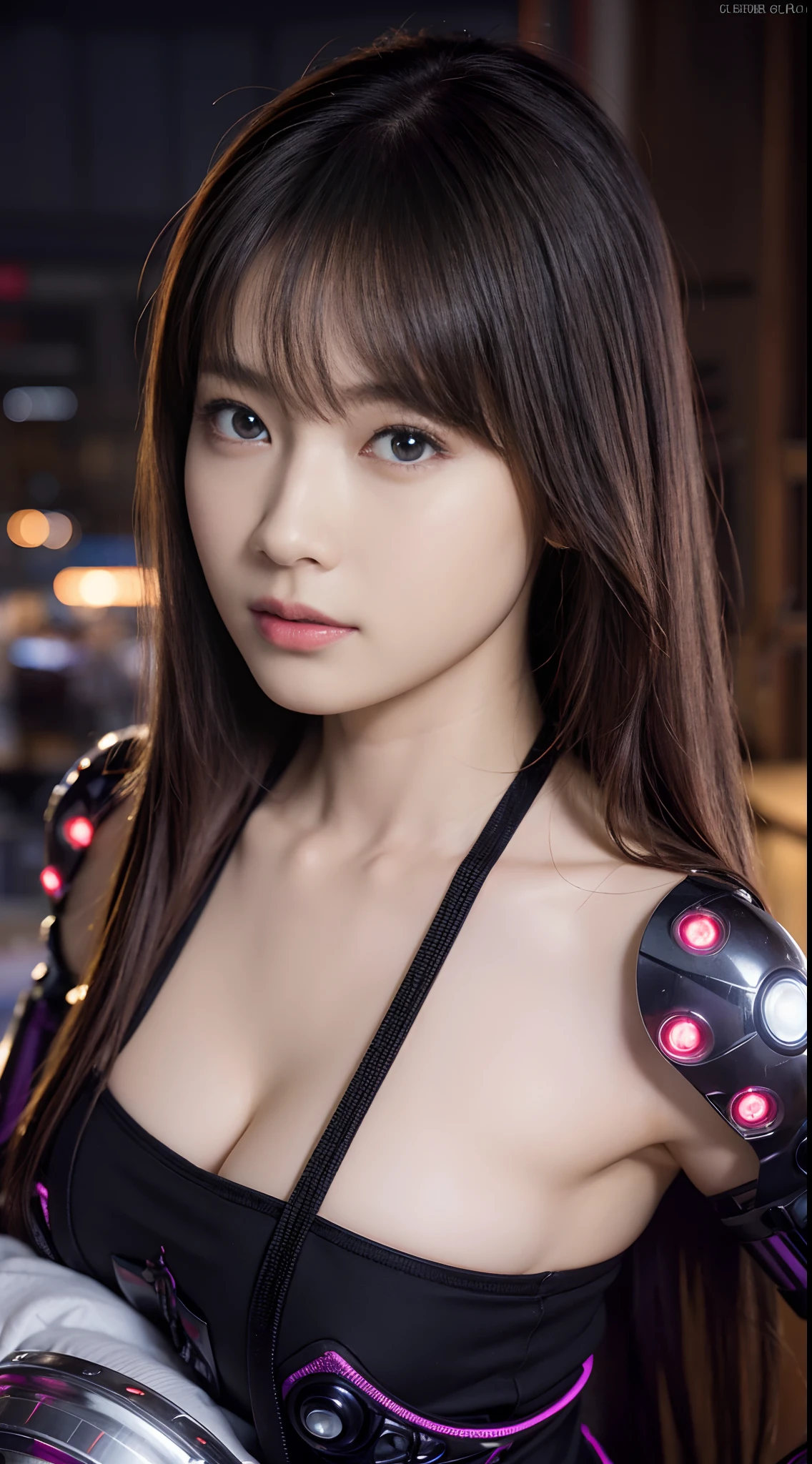 Top Quality, Masterpiece, Ultra High Resolution, (Photorealistic: 1.4), Raw Photo, 1 Girl, Black Hair, Glossy Skin, 1 Mechanical Girl, (Ultra Realistic Detail)), Portrait, Global Illumination, Shadows, Octane Rendering, 8K, Ultra Sharp, Big, Cleavage Exposed Raw Skin, Metal, Intricate Ornament Details, Japan Details, Very intricate details, realistic light, CGSoation trend, purple eyes, glowing eyes, facing the camera, neon details, mechanical limbs, blood vessels connected to the tube, mechanical vertebrae attached to the back, mechanical cervical attachment to the neck, sitting, wires and cables connecting to the head, gundam, small LED lamps,