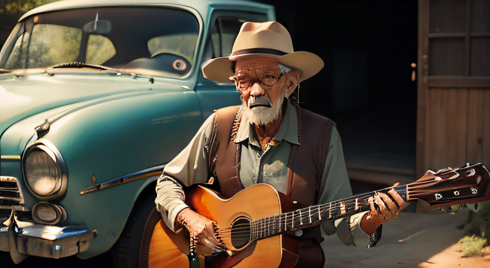 extremamente detalhado, qualidade baixa, estilo vintage, Old music studio environment, caixas de som antigas, fundo de um ambiente, dos anos 80, An elderly man holding a guitar leaning against an old car, soft lighting on the set.