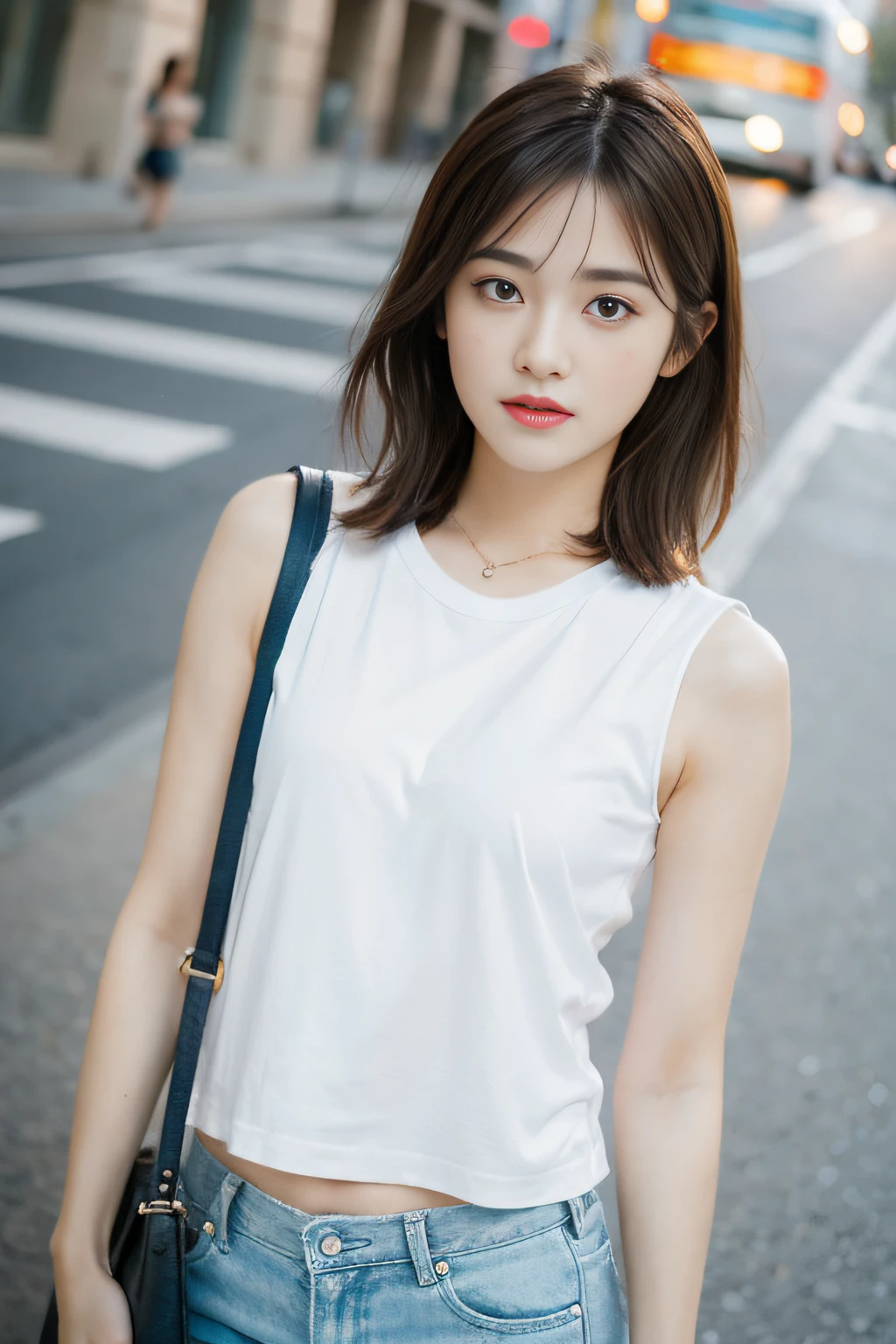 best qualtiy, realisticlying, 8K, high resolucion;, 1girll, girls, rich, (cityscapebackground:1.6)), ((Small Round,miniskirt, Sleeveless white t-shirt:1.98)), A head that looks straight at the viewer:1.8, (A girl looks at the audience with her eyes, middle length hair, ligh brown hair, partedbangs:1.65), realisticlying, (With mouth closed:1.46), rich,(s whole body), Gravure, Sneakers