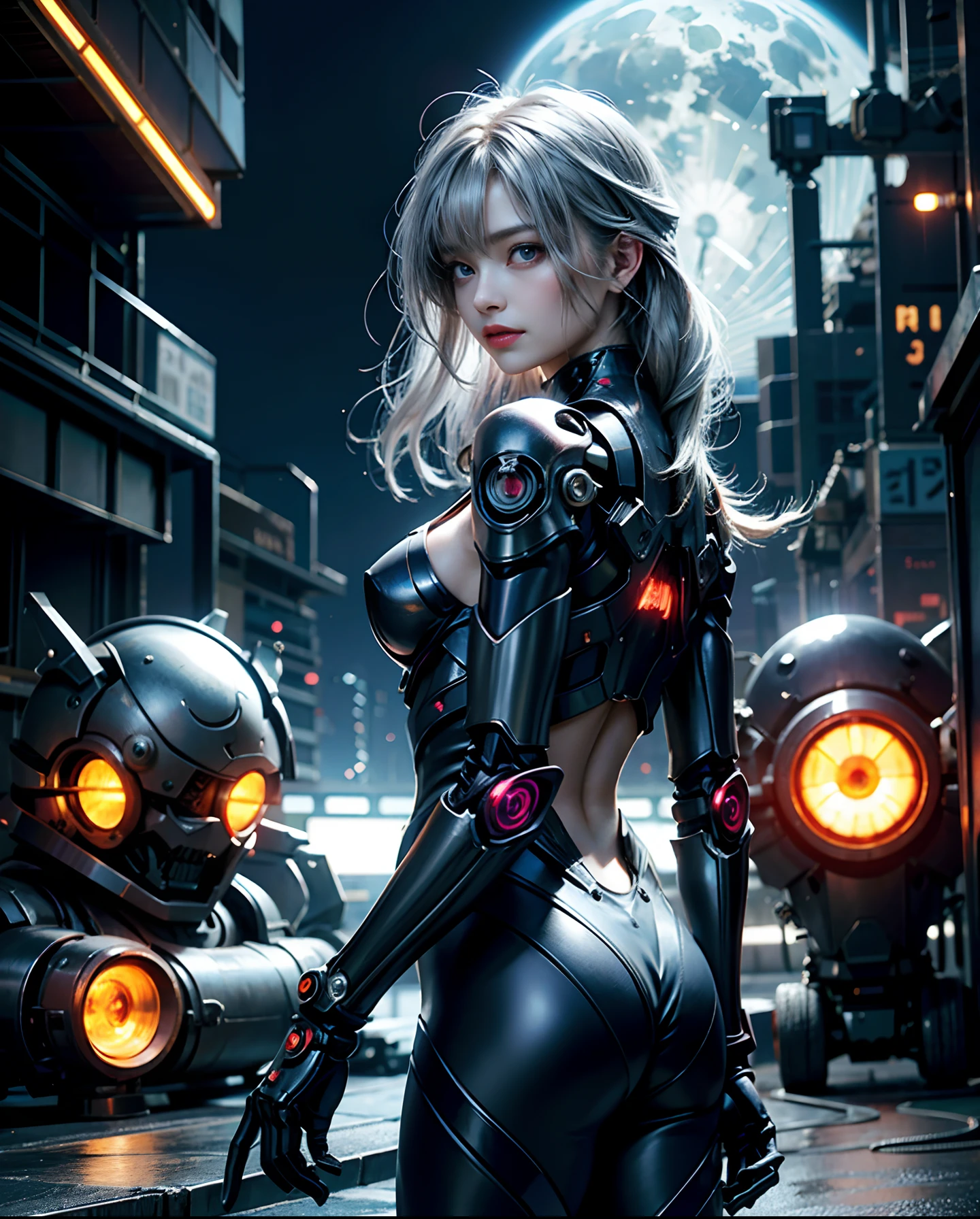 Silver Gradient Color Hair、long fluttering hair、strong breeze、Orange Eyes、radiant eyes、Evangelion Girl、small tit、Breasts are small and B size、The face and chest are alive、Cleavage is visible。photoRealstic、portfolio、Evangelion-style metal mecha suit、an oppai cyberpunk、Gothloli details、metalic、detailed mechanical components、Bundle of thin tubes、Metal cylinder、Detailed neon、Fine LED、Fine parts、The background is a battlefield with neon lights at night、Lots of fighting opportunities behind the scenes、Metallic Colorful Suit、Big robot standing in the background、high-heels、Finish as shown in the photo、Eyes are double(A detailed eye), Beautifully detailed、The appearance of looking back is also beautiful、beautifull detailed face、Eyes are on the viewer in an attractive pose、