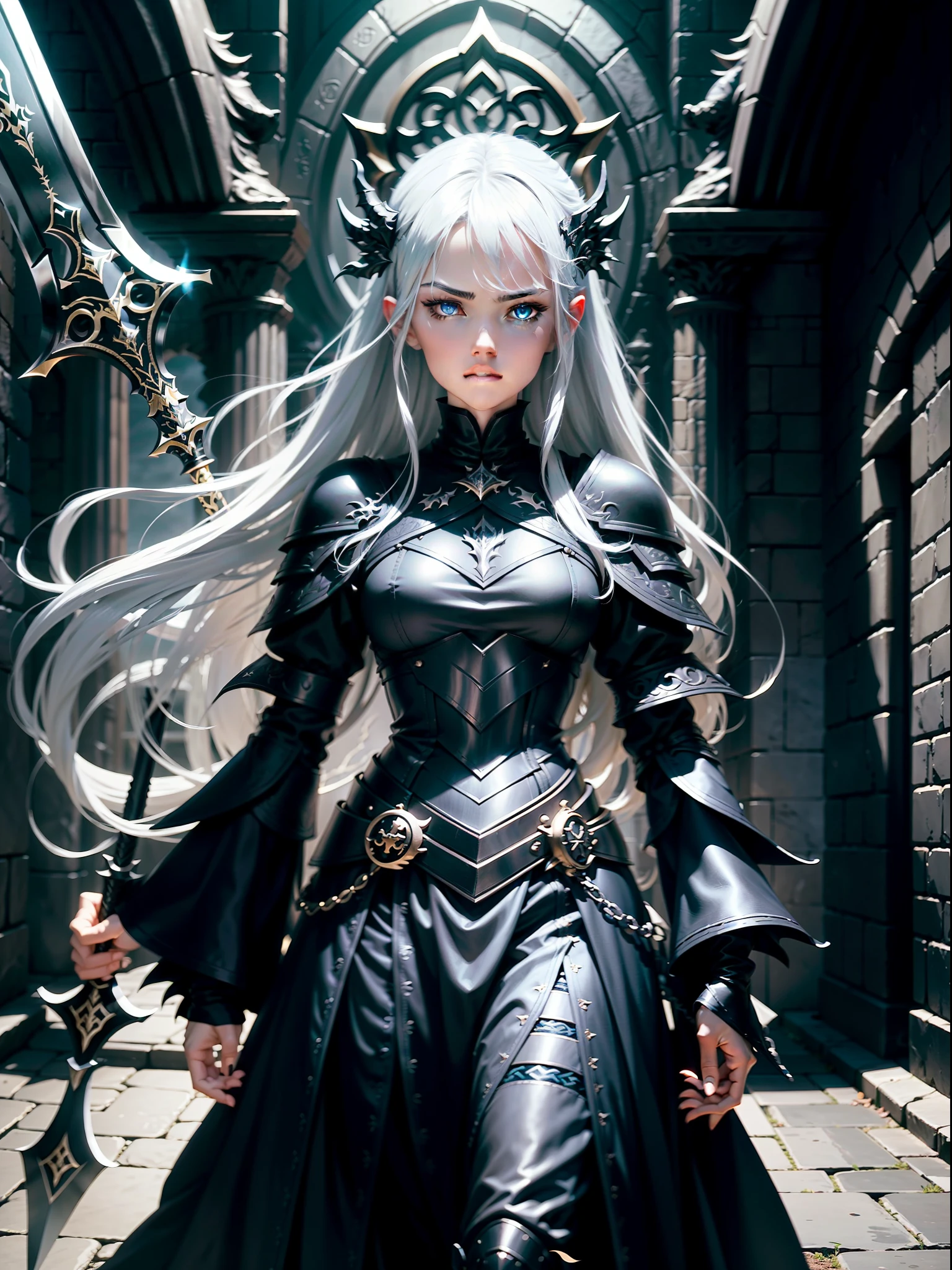 A broken cybergirl,Long white super flowing hair,Wear a black tech exoskeleton(Gothic art),Clothes are shabby,There are several discarded robots of various sizes behind him,On the high horse,Hyper-detailing,High contrast between light and dark,Accurate light and shadow,Multiple monochromes,Reasonable composition,high detal,ultra-realistic realism