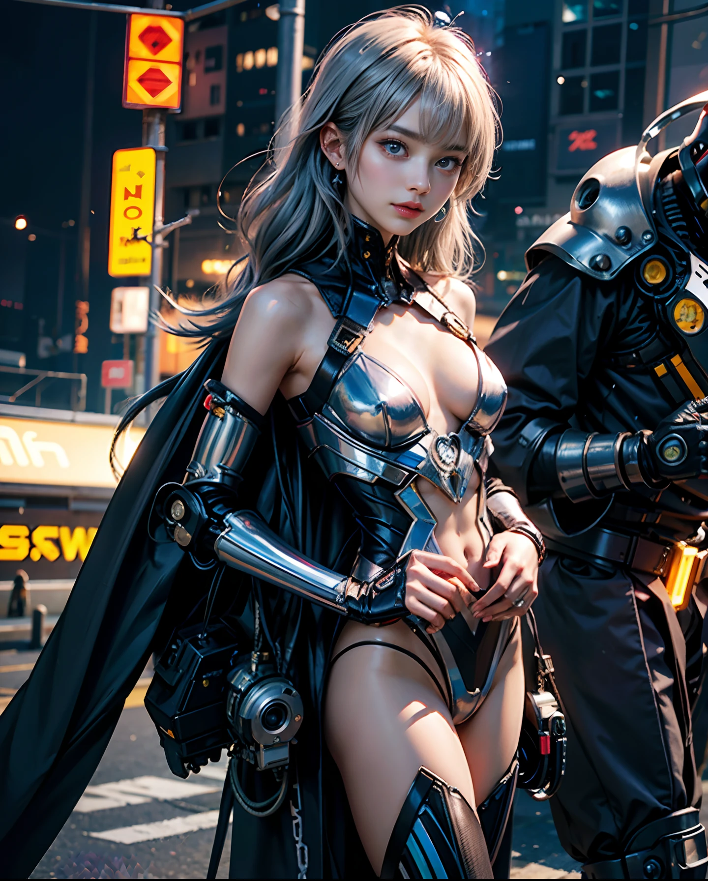 Silver Gradient Color Hair、long fluttering hair、strong breeze、Orange Eyes、radiant eyes、Evangelion Girl、small tit、Breasts are small and B size、The face and chest are alive、Cleavage is visible。photoRealstic、portfolio、Evangelion-style metal mecha suit、an oppai cyberpunk、Gothloli details、metalic、detailed mechanical components、Bundle of thin tubes、Metal cylinder、Detailed neon、Fine LED、Fine parts、The background is a battlefield with neon lights at night、Lots of fighting opportunities behind the scenes、Metallic Colorful Suit、Big robot standing in the background、high-heels、Finish as shown in the photo、Eyes are double(A detailed eye), Beautifully detailed、The appearance of looking back is also beautiful、beautifull detailed face、Eyes are on the viewer in an attractive pose、