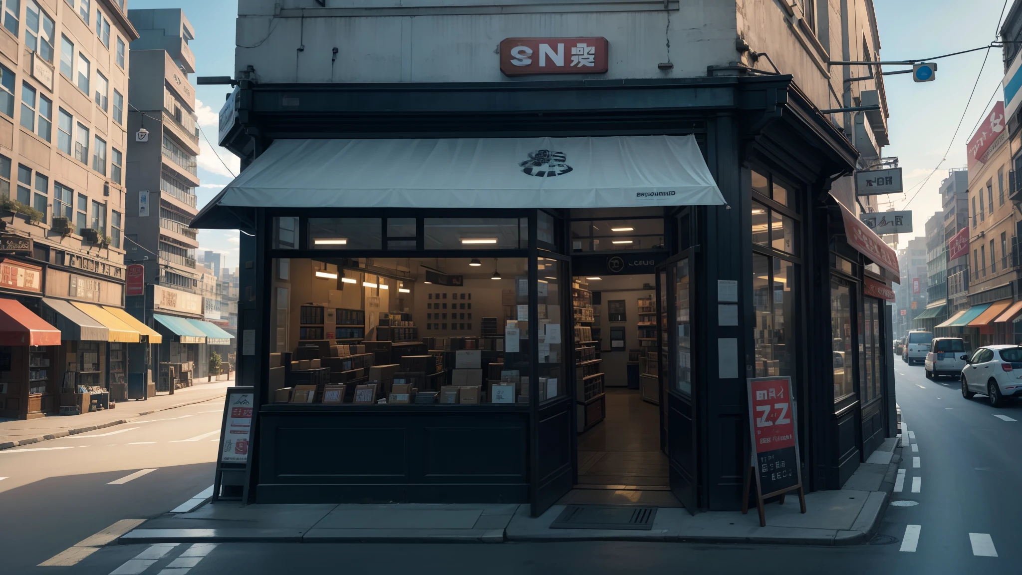A store selling stationery,The sign name is M&G Colipu,The logo is a paper clip,Located in the middle of a bustling city,Lots of detail,8k wallpaper