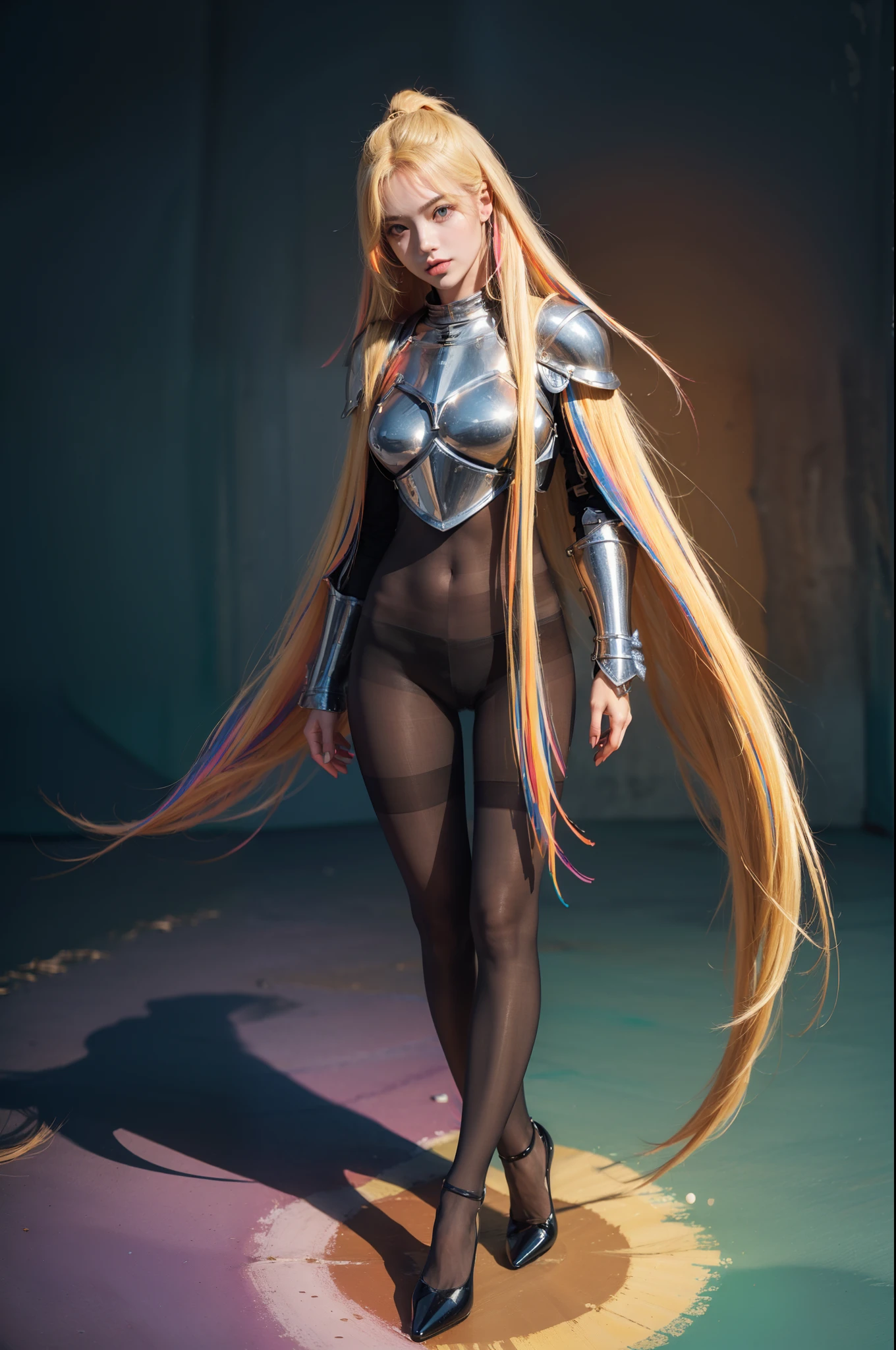 (full body:2)，(1girl:1.3),(view the viewer:1.4)，(anatomy correct:1.4),(((Any solid colored pantyhose )):1.3), (pointed thick heels :1.3),,((((The posture of about to fall))):1.2),((colorful Medieval Knight Plate Armor):1.3),(Extra Long blonde Hair:1.2),(Accurate and perfect face:1.3),(Long legs and big feet:1.3),((Polished clothing):1.2),((Skin reflection , Skin Gloss):1.2)，((((( colorful)))):1.5)，hyper HD, Ray traching, reflective light， structurally correct, Award-Awarded, high detail, lighten shade contrast, Face lighting ，cinematic lighting, masterpiece, super detailing, high quality, high detail, best quality, 16k，High contrast,