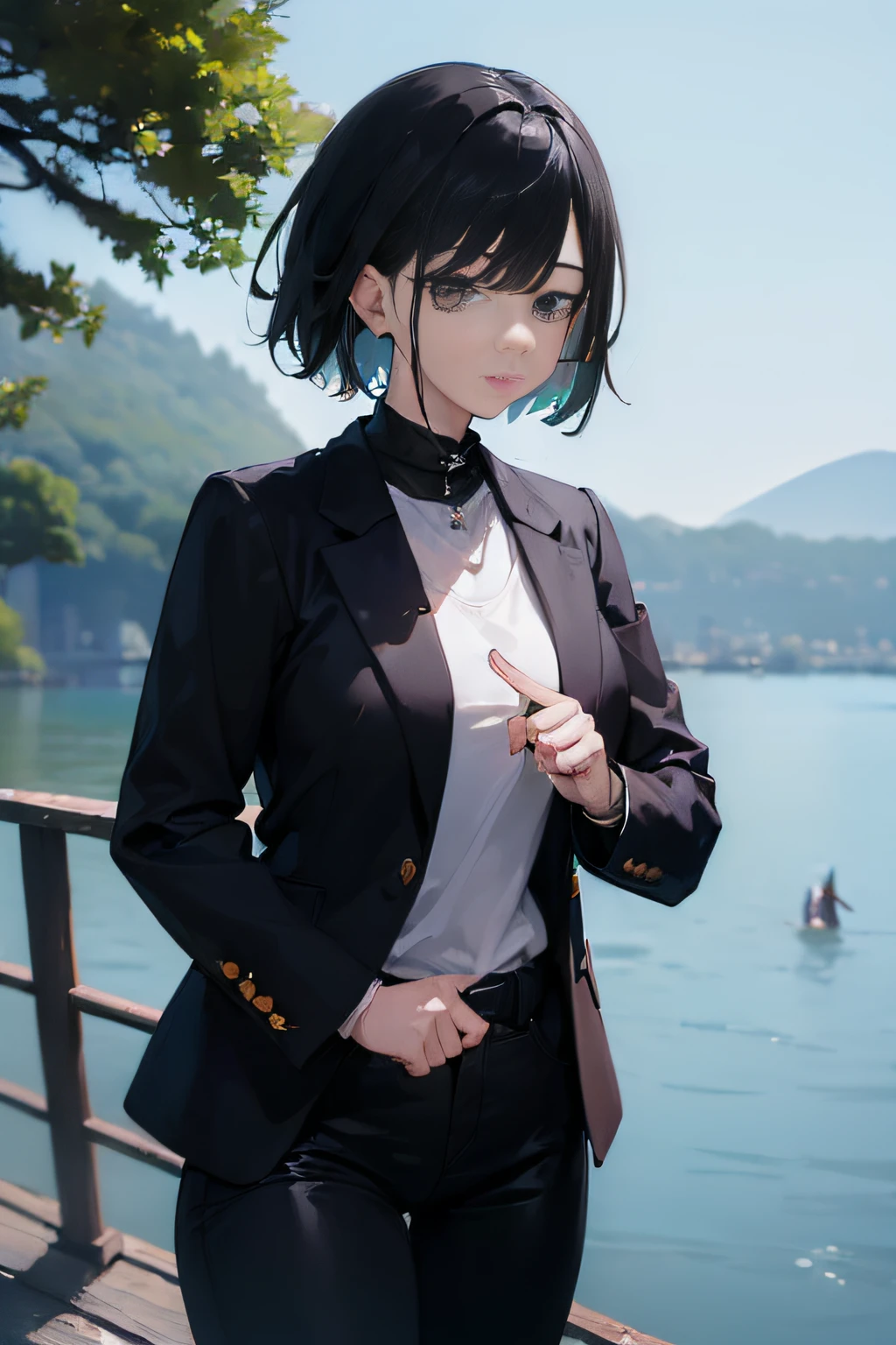 ((((Catch big fish by the lake:1.5)))),((Female 28 years old)),((Best quality:1.5)),(((Hands with correct finger count and structure:1.4))),((Big fish:1.37)),A high resolution,ultra - detailed,tmasterpiece,best qualtiy,Eight-headed body,Black hair, long eyelasher, solid circle eyes, shadowing, Atmospheric perspective,Super detail, ccurate, Little Brest,(Black jacket and black jeans :1.1),top-quality, blurred back, bokeh dof:1.2, (tmasterpiece:1.3),  Atmospheric perspective,Super detail,dynamic compositions,