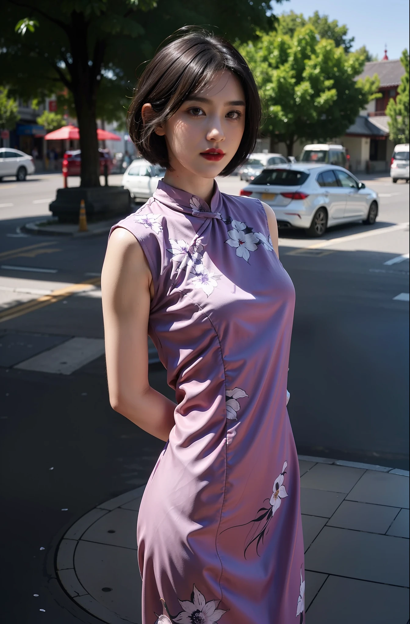 (purple printed china dress),1 girl,(short hair:1.1), (arms behind back:1.1),(realistic:1.7),((best quality)),absurdres,(ultra high res),(photorealistic:1.6),photorealistic,octane render,(hyperrealistic:1.2), (photorealistic face:1.2), (8k), (4k), (Masterpiece),(realistic skin texture), (illustration, cinematic lighting,wallpaper),( beautiful eyes:1.2),((((perfect face)))),(cute),(standing),(black hair),(short hair),black eyes,red lips, (outdoors),