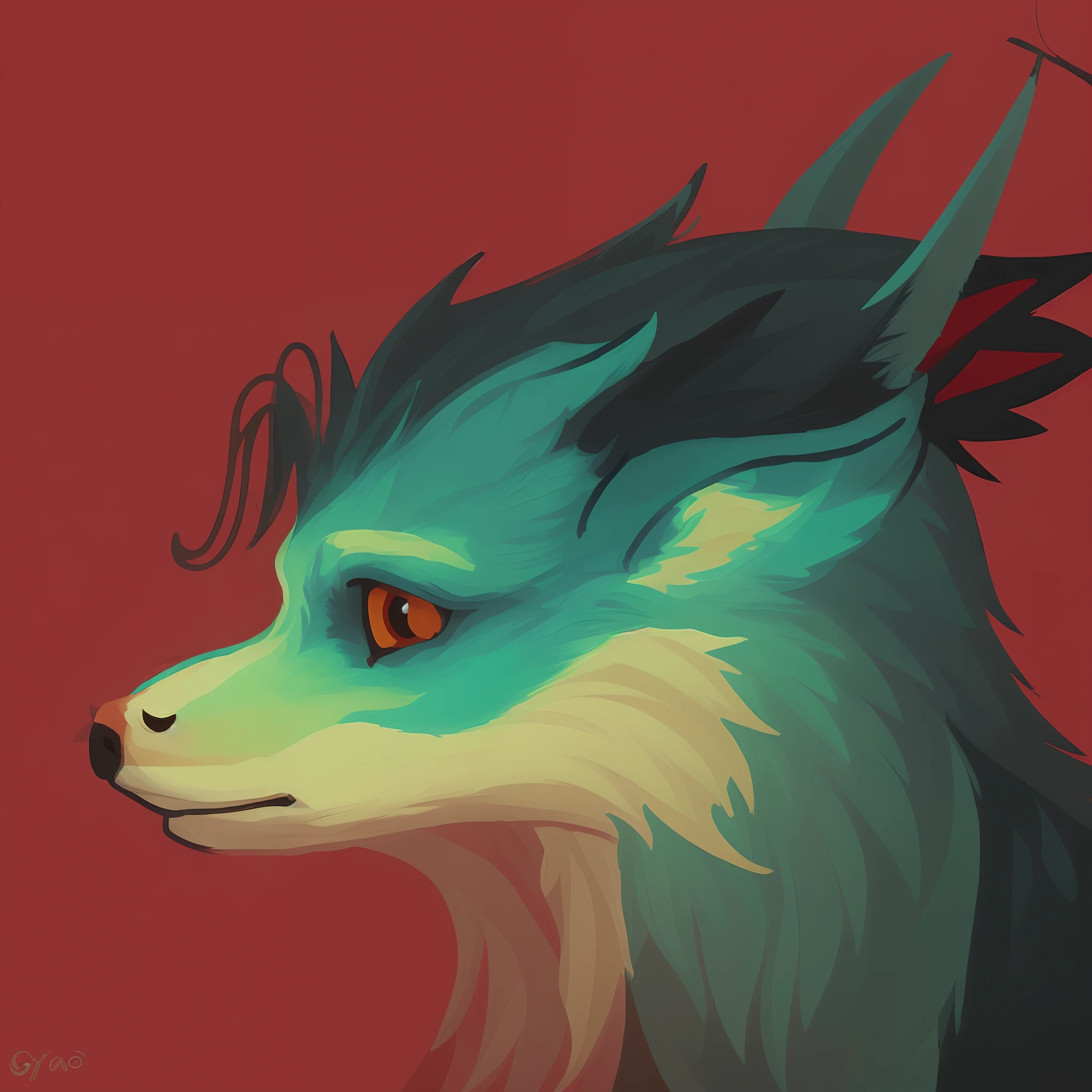 There is a painting，It is a dragon with blue and yellow feathers, canid，anthro portrait, furry character portrait, avian!!! fursona, lovely digital painting, portrait of an anthro fox, Gryphon, creature bust, fursona art, anthro art, Sly smile, cocky smirk, Detailed digital painting, Fluffy blue skin, portrait of a small，Hairy head，Cyan background