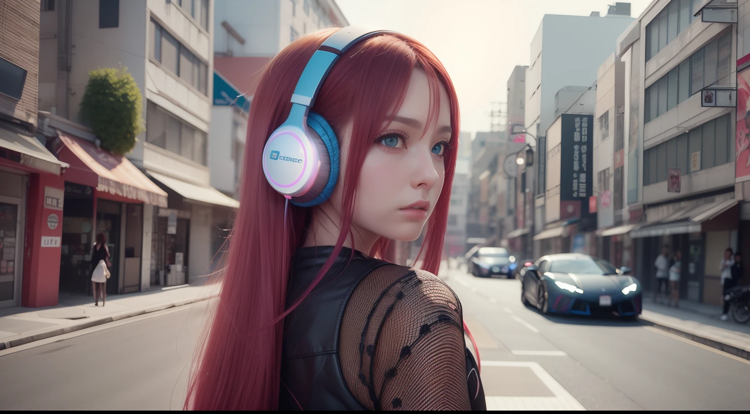 girl with headphones,hair color rainbow eyes red cyberpunk,8K extremely detailed, smooth, high resolution, ultra quality, highly detailed eyes, highly detailed mouth, highly detailed face brightness, iridescent, global lighting, real hair movement, real light, real shadow, real face, hd, 2k, 4k, 8k, 16k, realistic light, realistic shadow, bright eyes, fluorescent eyes, soft light, dream light,anime, 3d, japan, pixar, masterpiece, best quality, posing with lamborghini