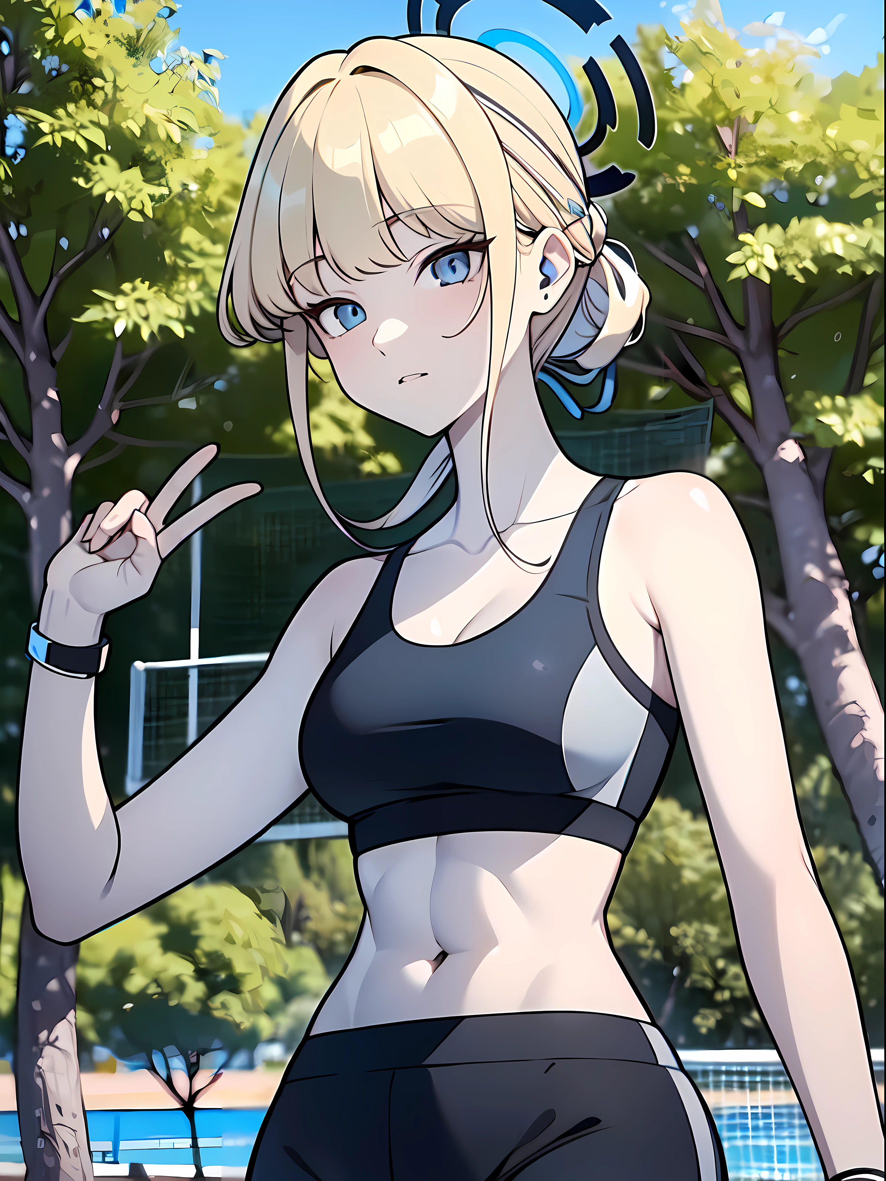 (masterpiece:1.2), (pale skin:1.2), (8k:1.2), (solo:1.2), (female:1.1), (emphasis lines:1.3), (bracelets:1.1), armbands, blonde, blue eyes, (sports bra:1.2), (outdoors:1.2), park, trees, birds, (halo:1.1), sport theme, abs, bangs, collarbone