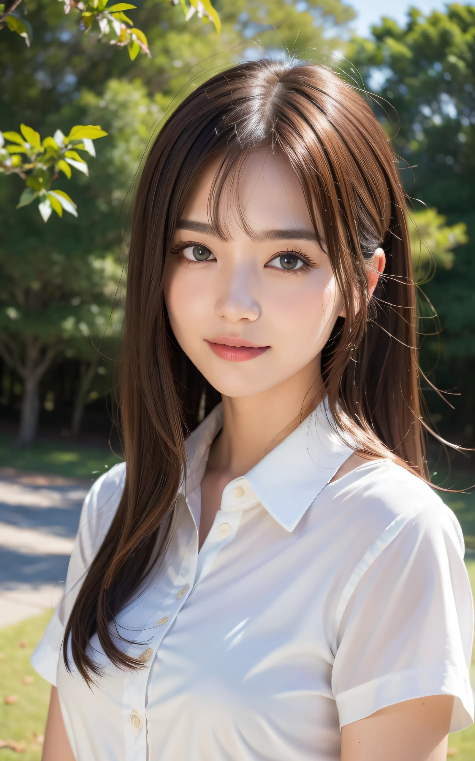 ((top-quality、8k masterpieces:1.3))、(ultra beautiful faces:1.0)、(shinny skin:1.0)、photos realistic、Brown hair,  Shoulder-length straight hair swaying in the wind, Bangs, Video Lighting、High-definition eyes and face、1 japanese girl, Neat and clean beauty, Cute, Silk collared blouse, buttons, from the front side、medium breasts、A slight smile, Forest lake with morning mist