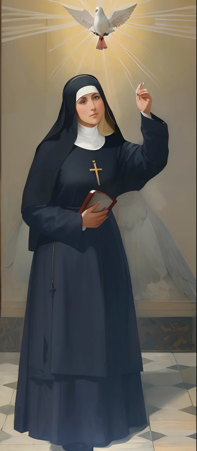 Painting of a nun holding a book and a dove above her head, Retrato gracioso santo, inspirado em Elena Guerra, Catholic Church, nineteenth century, 1896,1897,1900