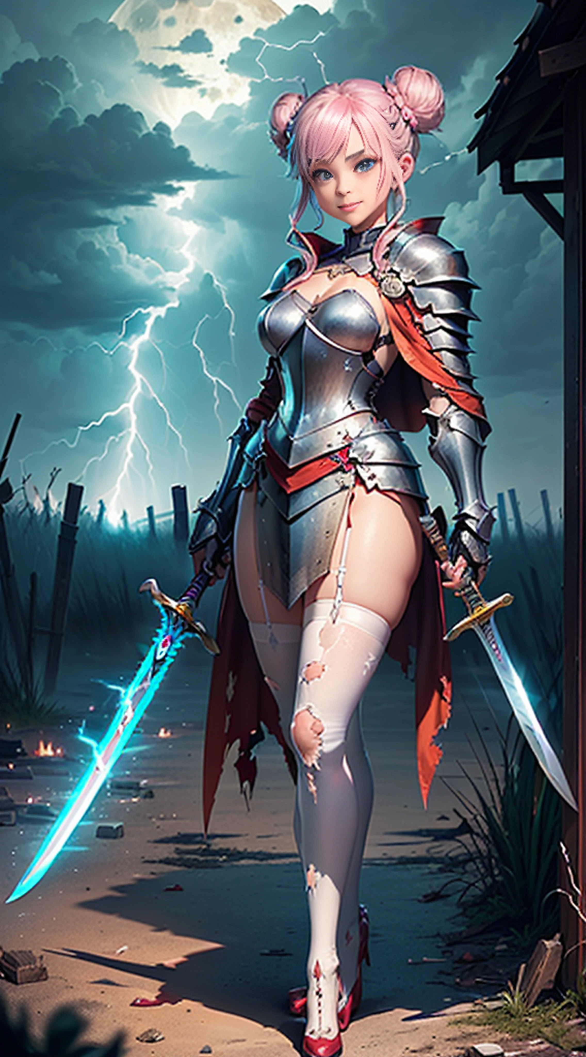 (dynamic angle:1.5), Full body pose, original, Plate armor skirt, (Knight's plate armor with many broken red bodies:1.48), (Huge moonfront background:1.35), (gradient hair:1.37), (evil smile:1.43), (extremely detailed CG unity 16k wallpaper:1.17), (Silver ((pink)) gradient (disheveled:1.46) hair////), (colorful:1.49), (imid shot:0.95), (solo:1.2), [Bottle bottom], ((1 younger (cute) 18yo girl:1.35) with Lolita, (The legendary sword of lightning:1.25):1.2), (Many broken and torn white stockings:1.31), (detailed beautiful eyes:1.15), (beautiful face:1.15), (glowing blue eyes:1.35////), (+perfect hand+:1.21), Air bangs, (Explosive lightning:1.26), (perfect sword:1.21), (((+++Lightning and Sword Interweave///))), Wear beautiful high heels, (Turquoise color capelet:1.15), (double bun:1.4), nihongami, (illustration:1.1), god rays, UHD, (best quality), (masterpiece:1.1), award winning