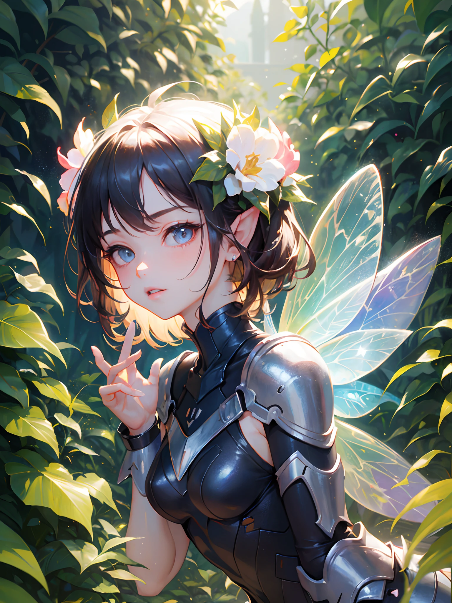 (the Flower Fairy:1.5), The size of the character's palm, Ultra-high saturation，（tmasterpiece）， fully body photo，（best qualtiy）， （1girll）， Garden background，Messy hair，high detal, Anime style, Cinematic lighting, Sparkle, god light, Ray traching, filmgrain, hyper HD, textureskin, super detailing, Anatomical correct, A high resolution，Ultra-high saturation，hight contrast，High-gloss armor，Smooth skin，Serious expressions,Dark room,