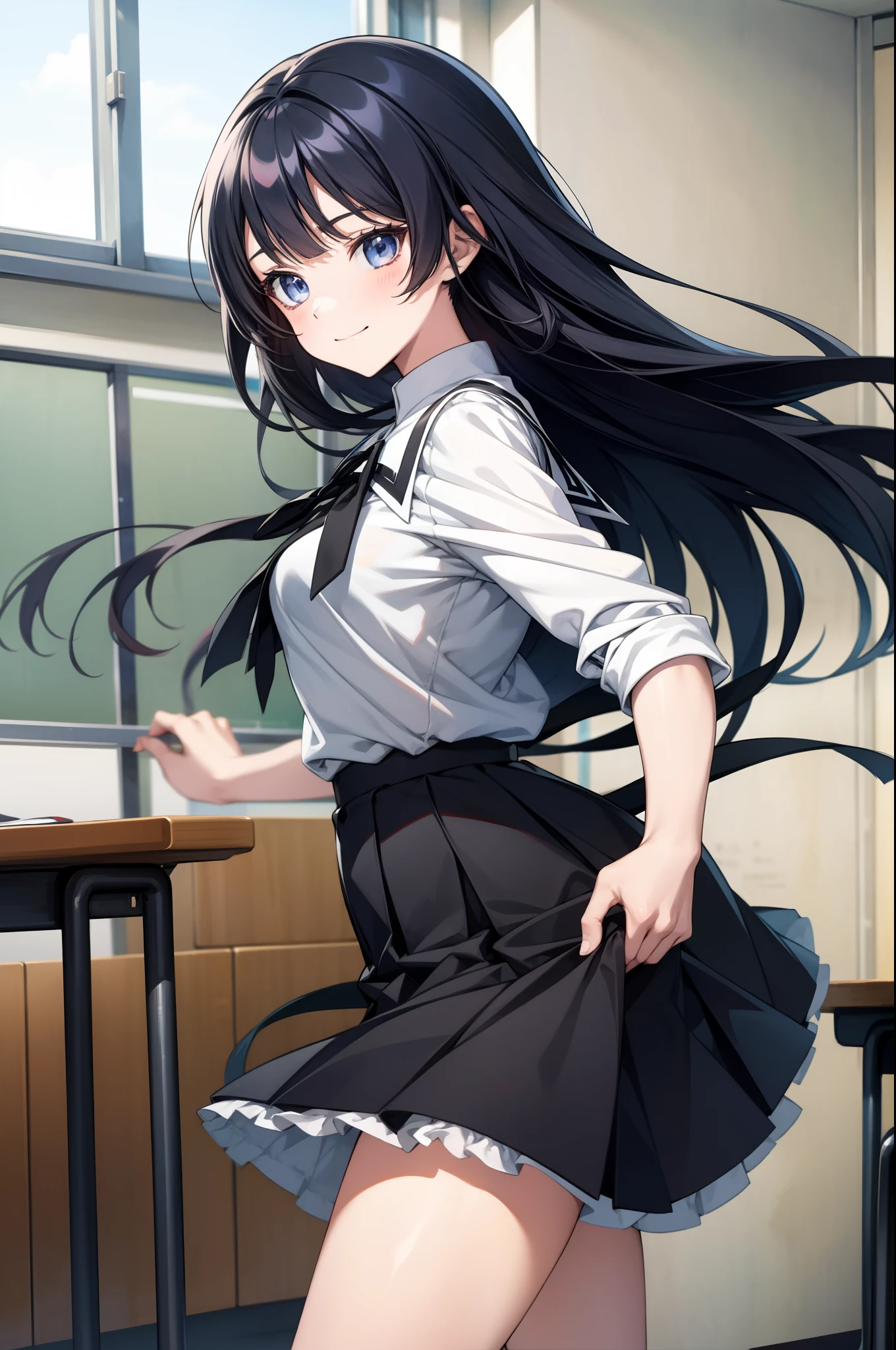 solo, anime girl with long black hair, light blue eyes, slight smile, school uniform, skirt, classroom in background