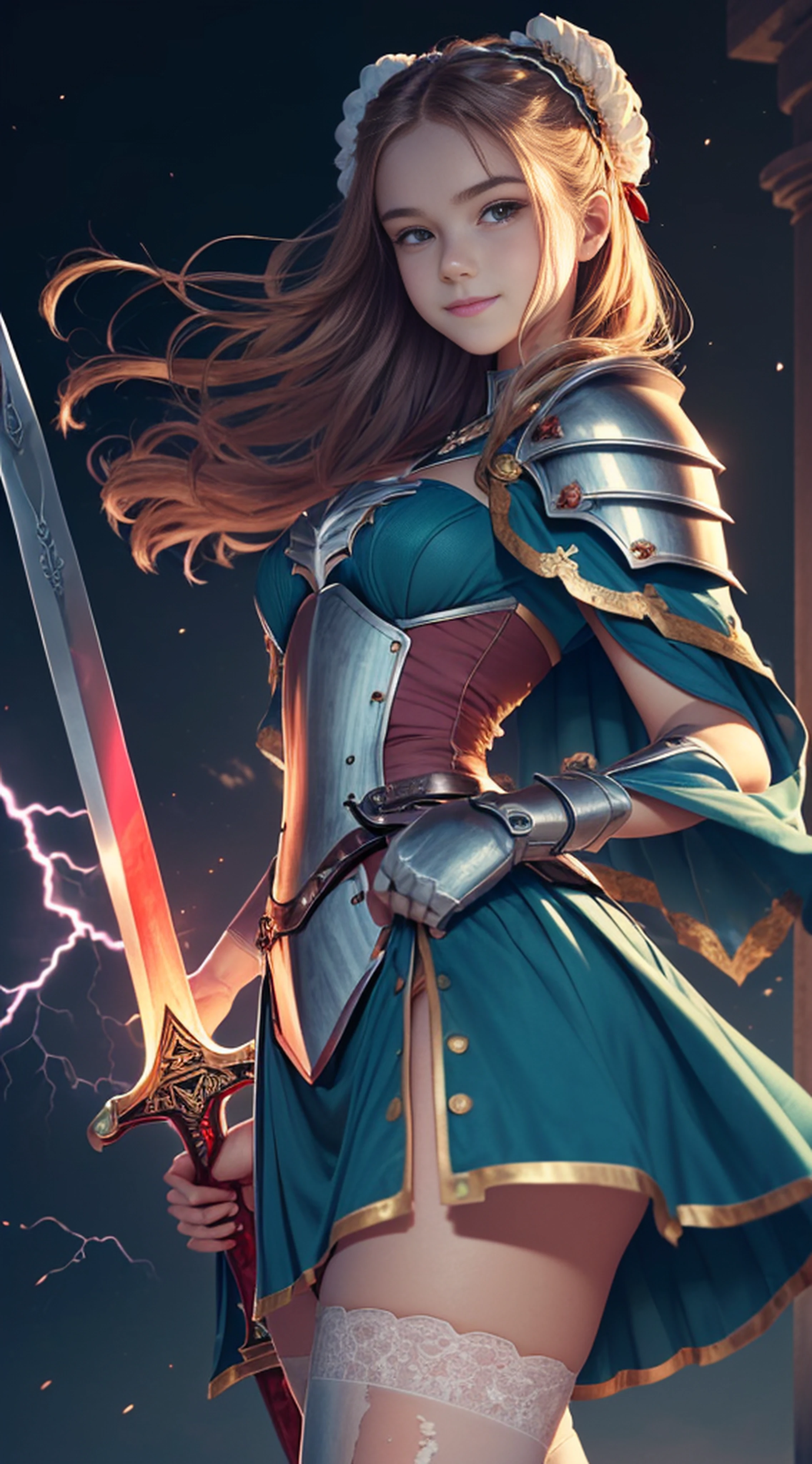 (dynamic angle:1.5), Full body pose, original, (Knight's plate armor with many broken red bodies:1.48), (Huge moonfront background:1.35), (gradient hair:1.37), (evil smile:1.43), (extremely detailed CG unity 16k wallpaper:1.17), (Silver ((pink)) gradient (disheveled:1.46) hair////), (colorful:1.49), (imid shot:0.95), (solo:1.2), [Bottle bottom], ((1 younger (cute) 18yo girl:1.35) with Lolita, (The legendary sword of lightning:1.25):1.2), (Many broken and torn white stockings:1.31), (detailed beautiful eyes:1.15), (beautiful face:1.15), (glowing blue eyes:1.35////), (+perfect hand+:1.21), Air bangs, (Explosive lightning:1.26), (perfect sword:1.21), (((+++Lightning and Sword Interweave///))), Wear beautiful high heels, (Turquoise color capelet:1.15), (double bun:1.4), nihongami, (illustration:1.1), god rays, UHD, (best quality), (masterpiece:1.1), award winning
