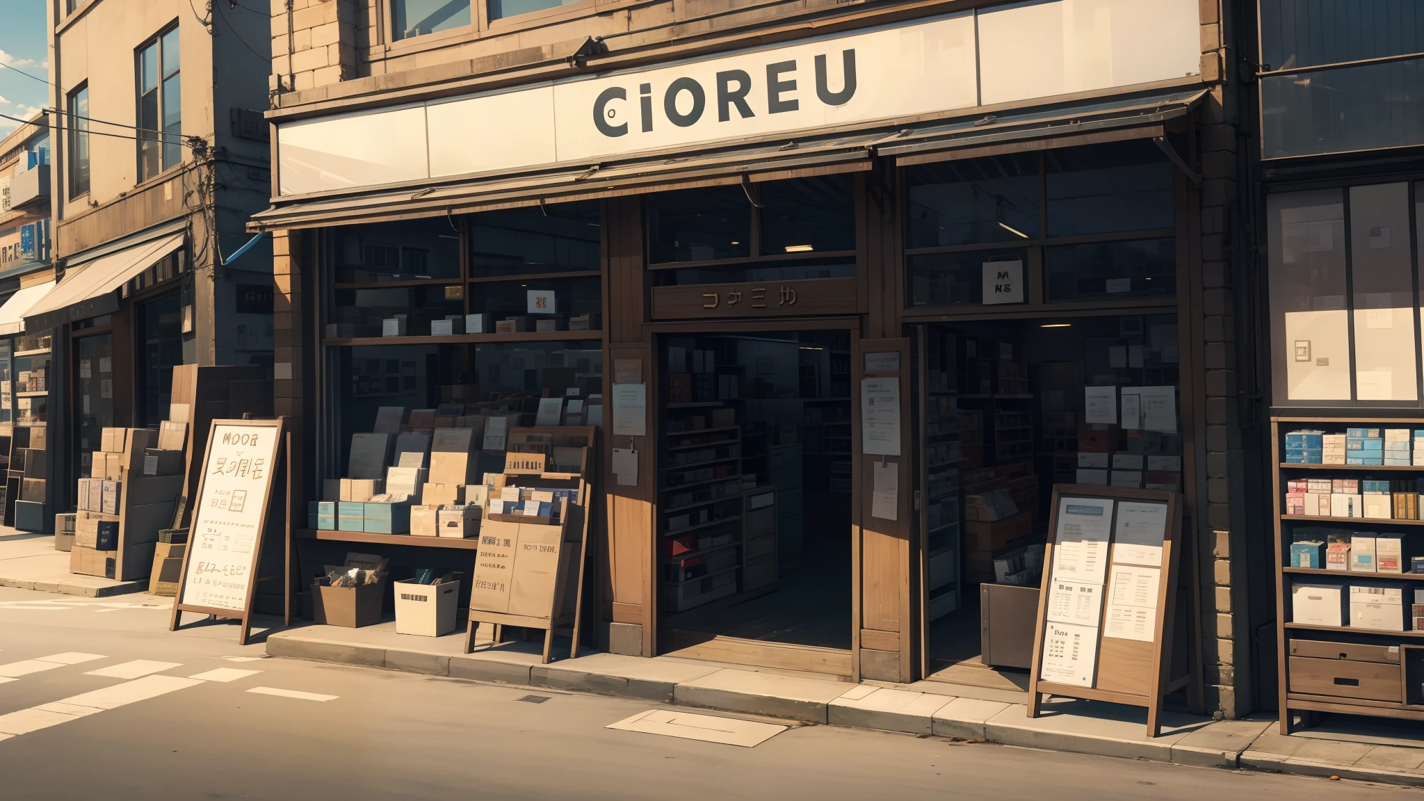 A store selling stationery，The sign name is M&G Colipu，The logo is a paper clip，Located in the middle of a bustling city，Lots of detail，8k wallpaper